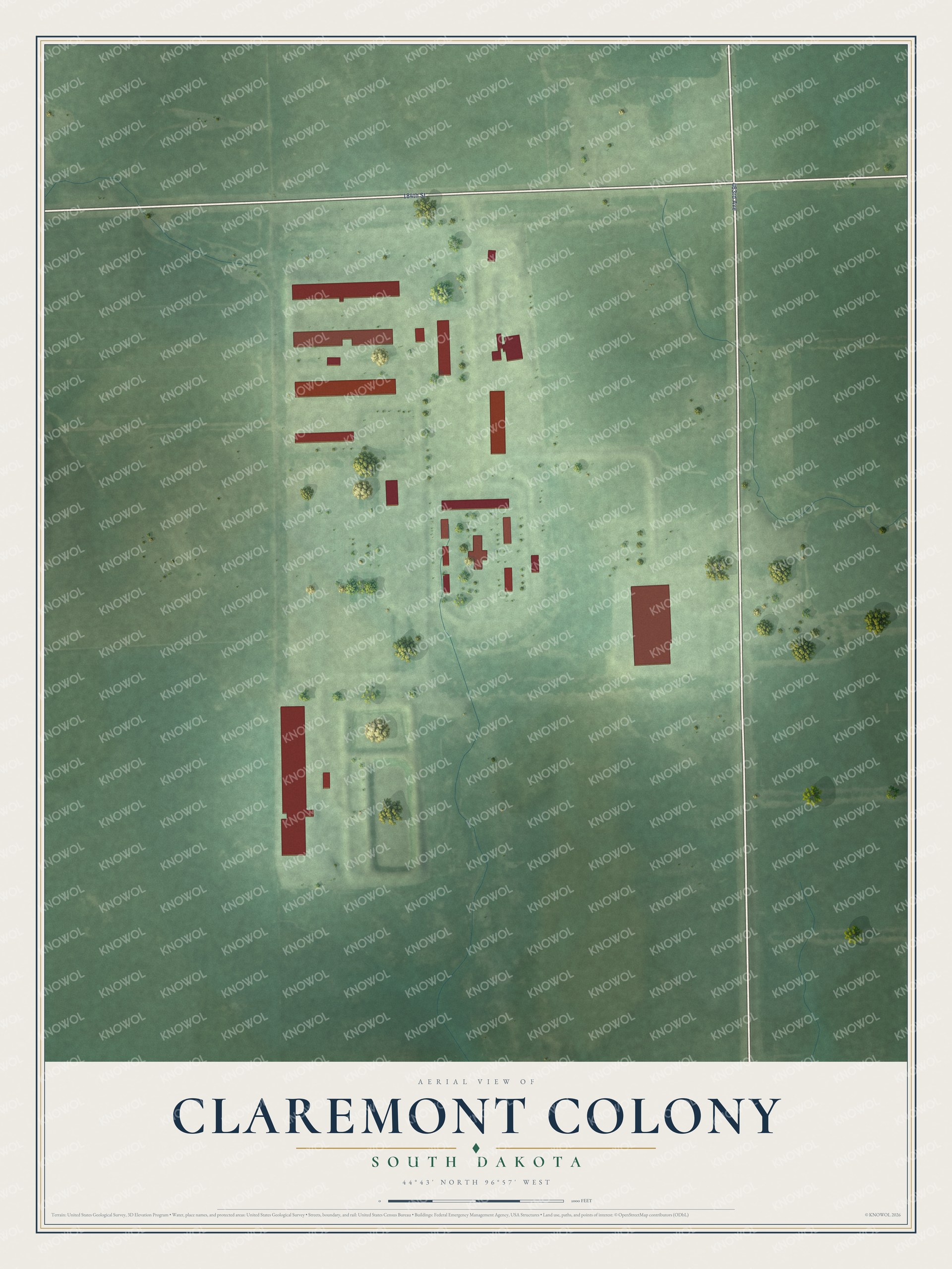 Full map of Claremont Colony, South Dakota, with red buildings, printed street names and the land around them