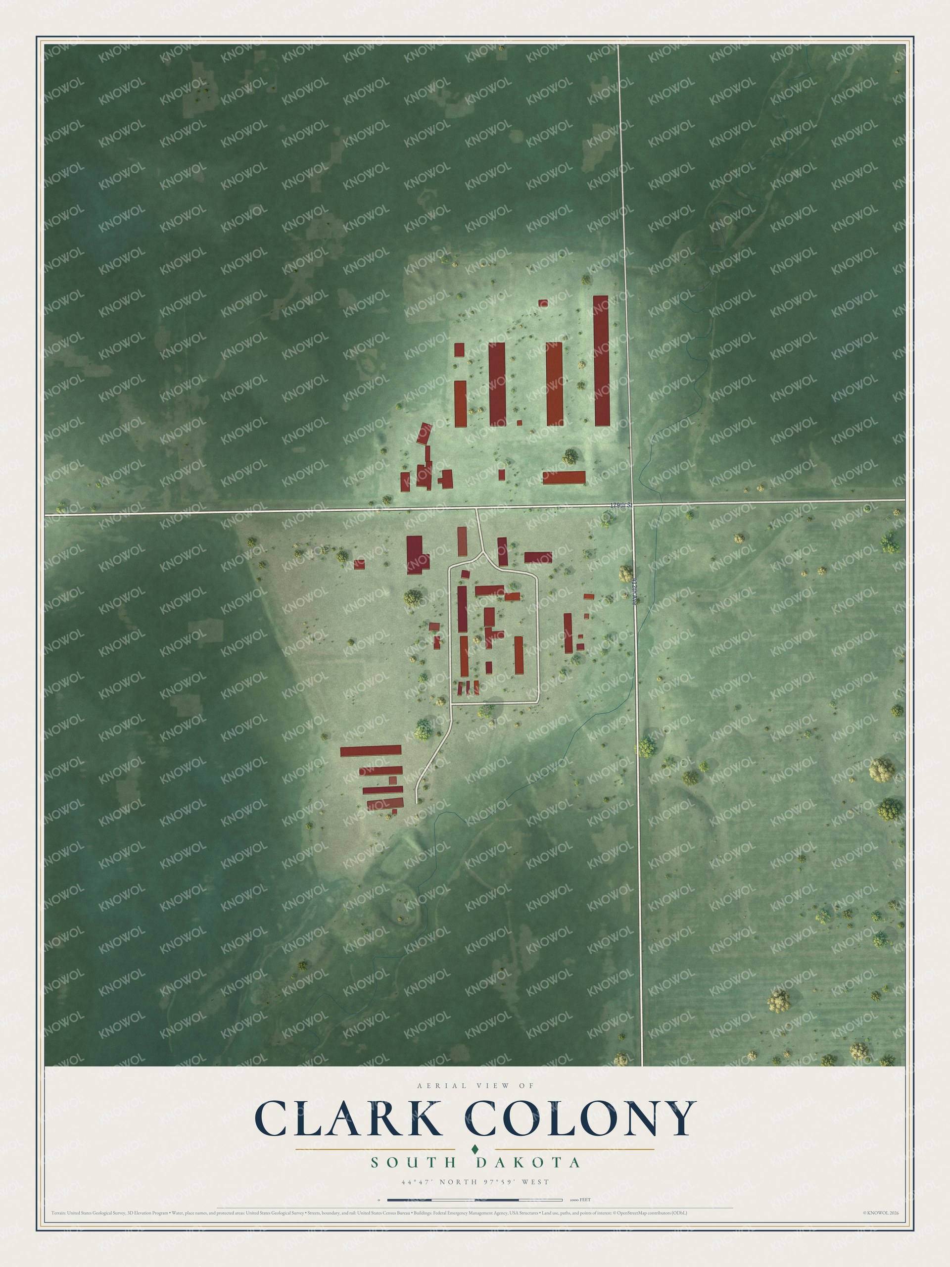 Full map of Clark Colony, South Dakota, with red buildings, printed street names and the land around them