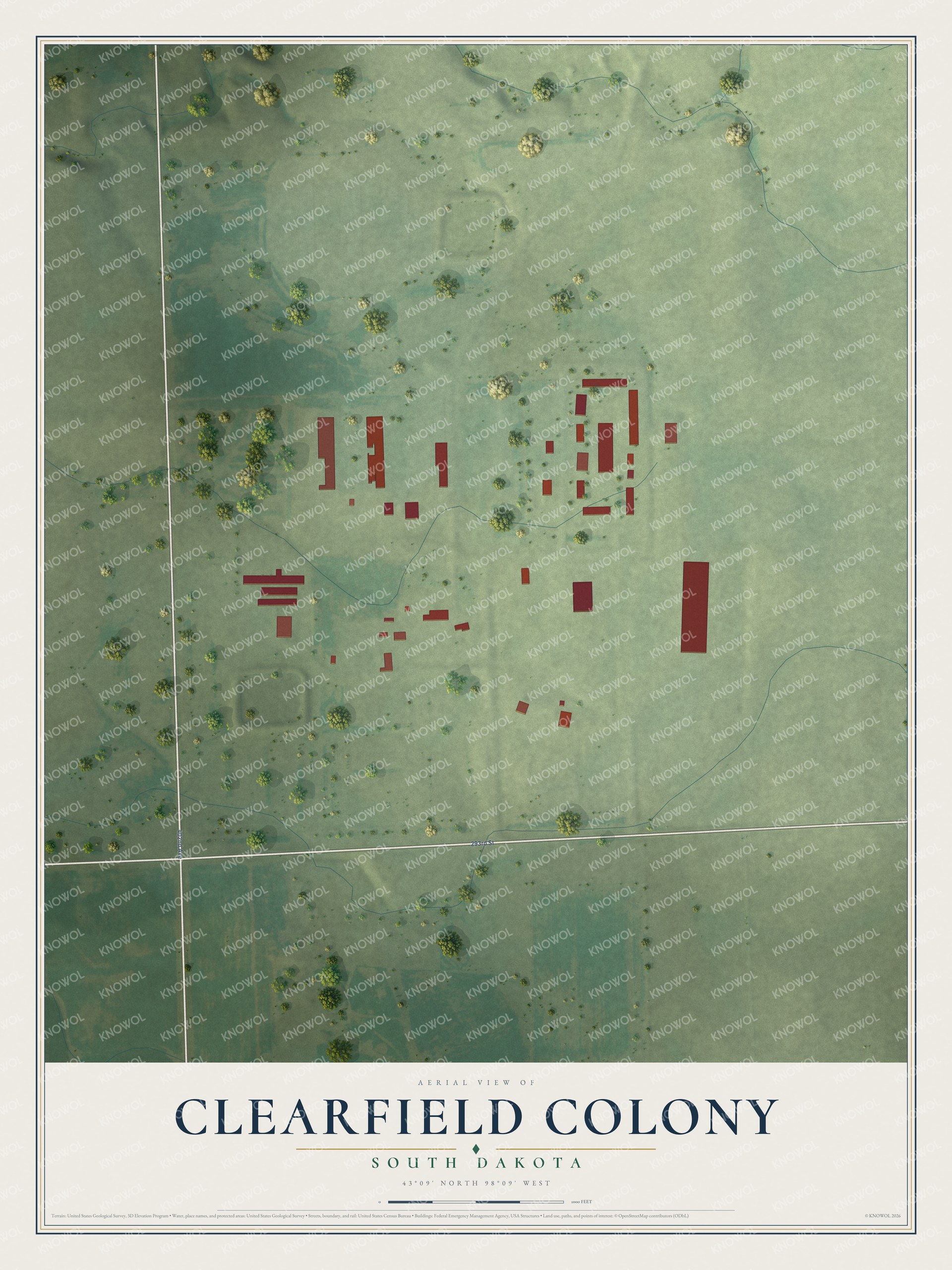 Full map of Clearfield Colony, South Dakota, with red buildings, printed street names and the land around them