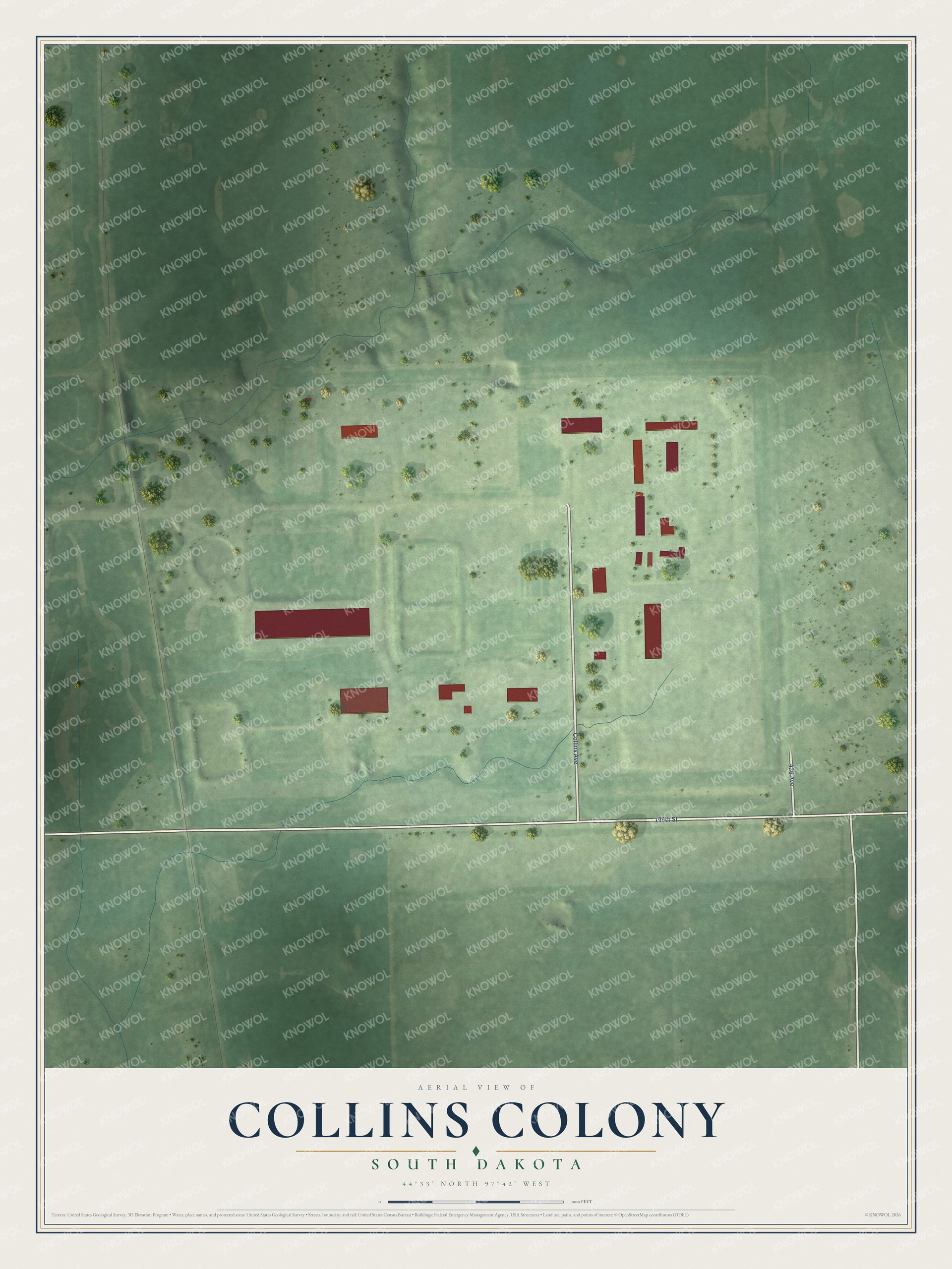 Full map of Collins Colony, South Dakota, with red buildings, printed street names and the land around them