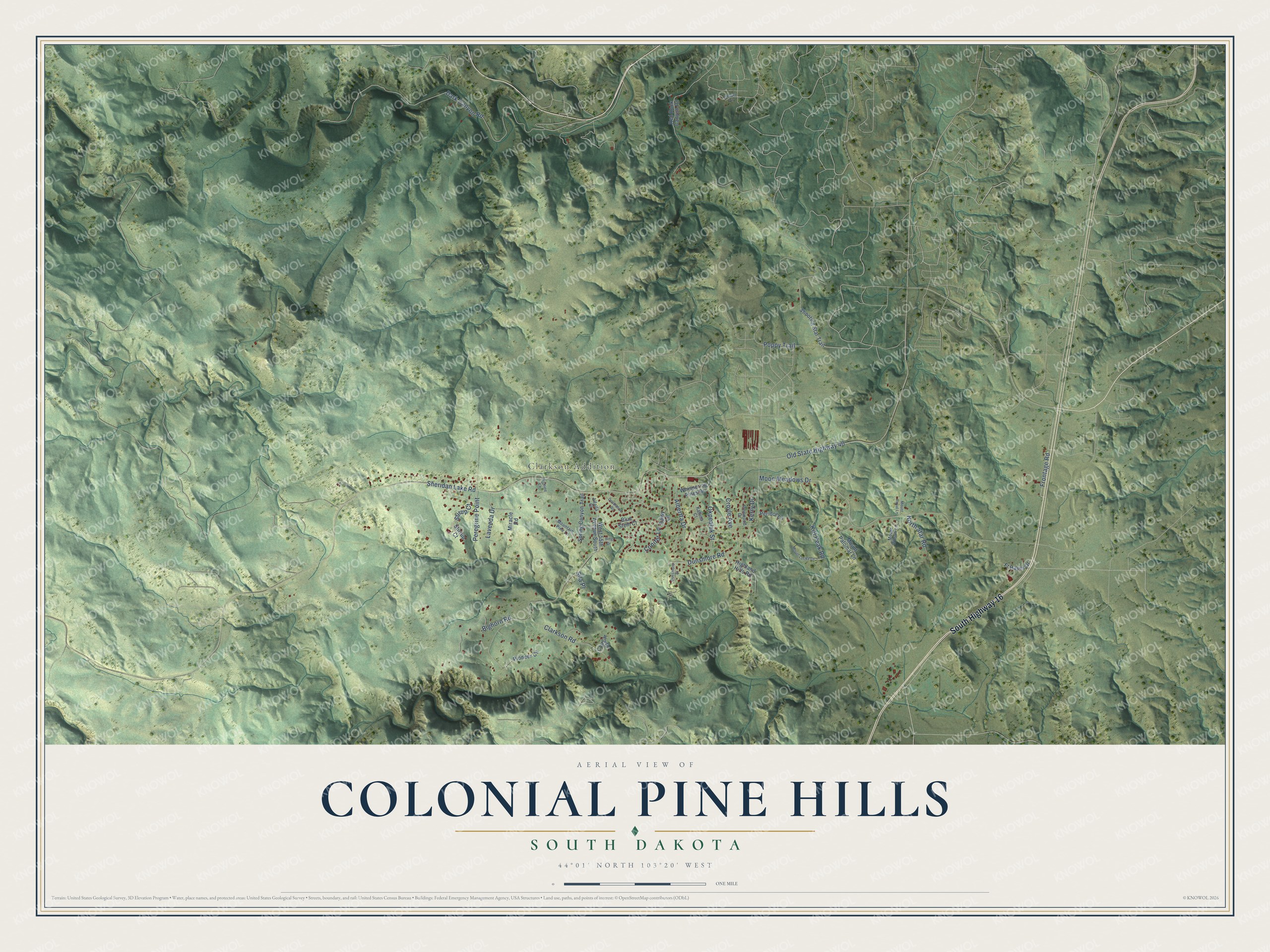 Full map of Colonial Pine Hills, South Dakota, with red buildings, printed street names and the land around them