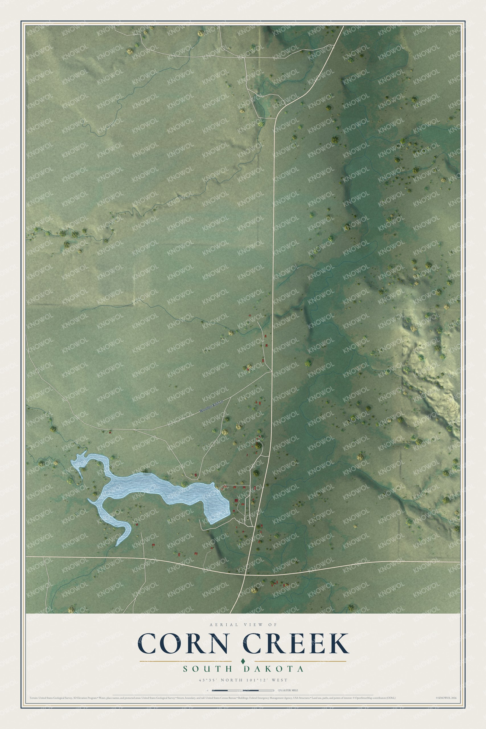 Full map of Corn Creek, South Dakota, with red buildings, printed street names and the land around them