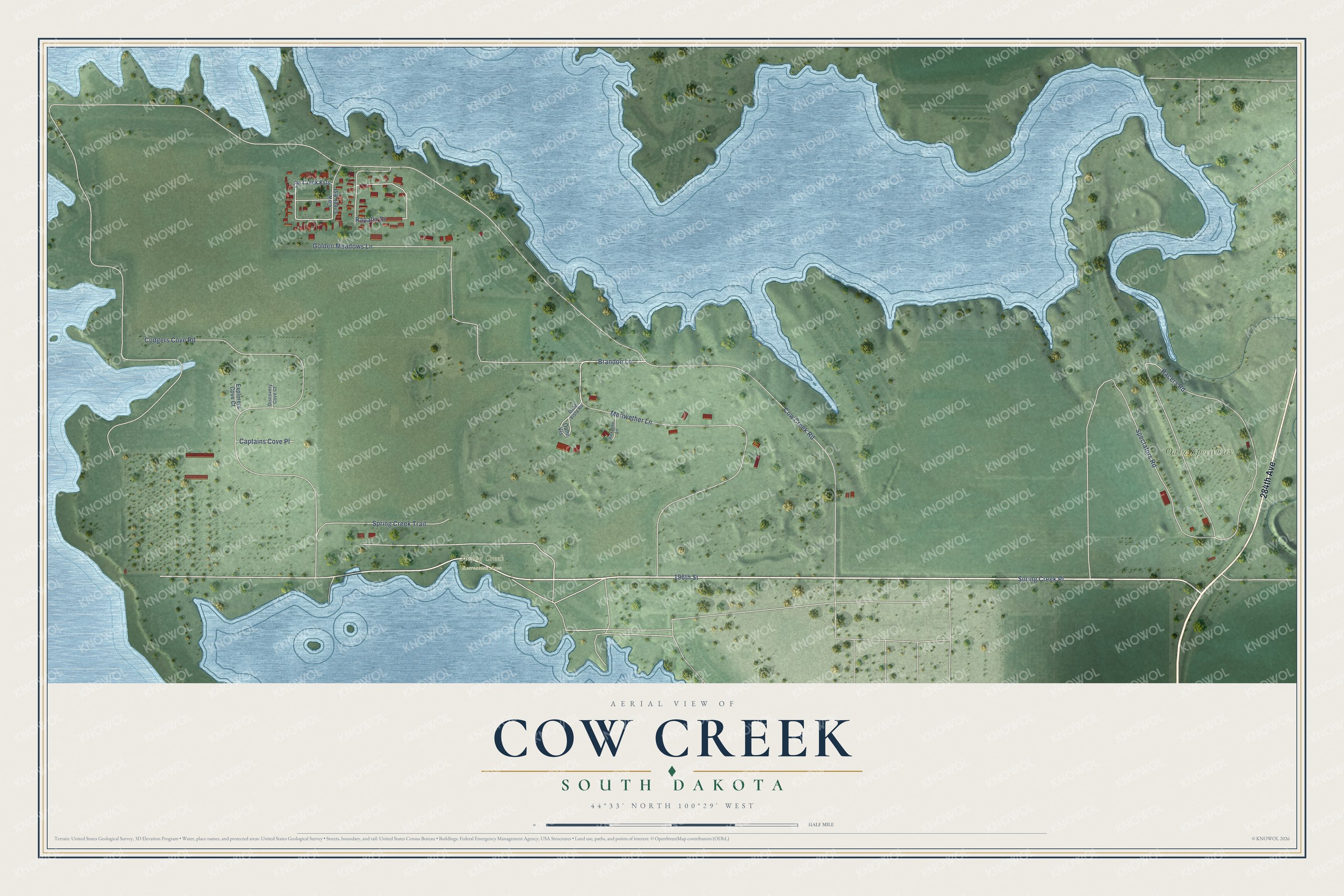 Full map of Cow Creek, South Dakota, with red buildings, printed street names and the land around them