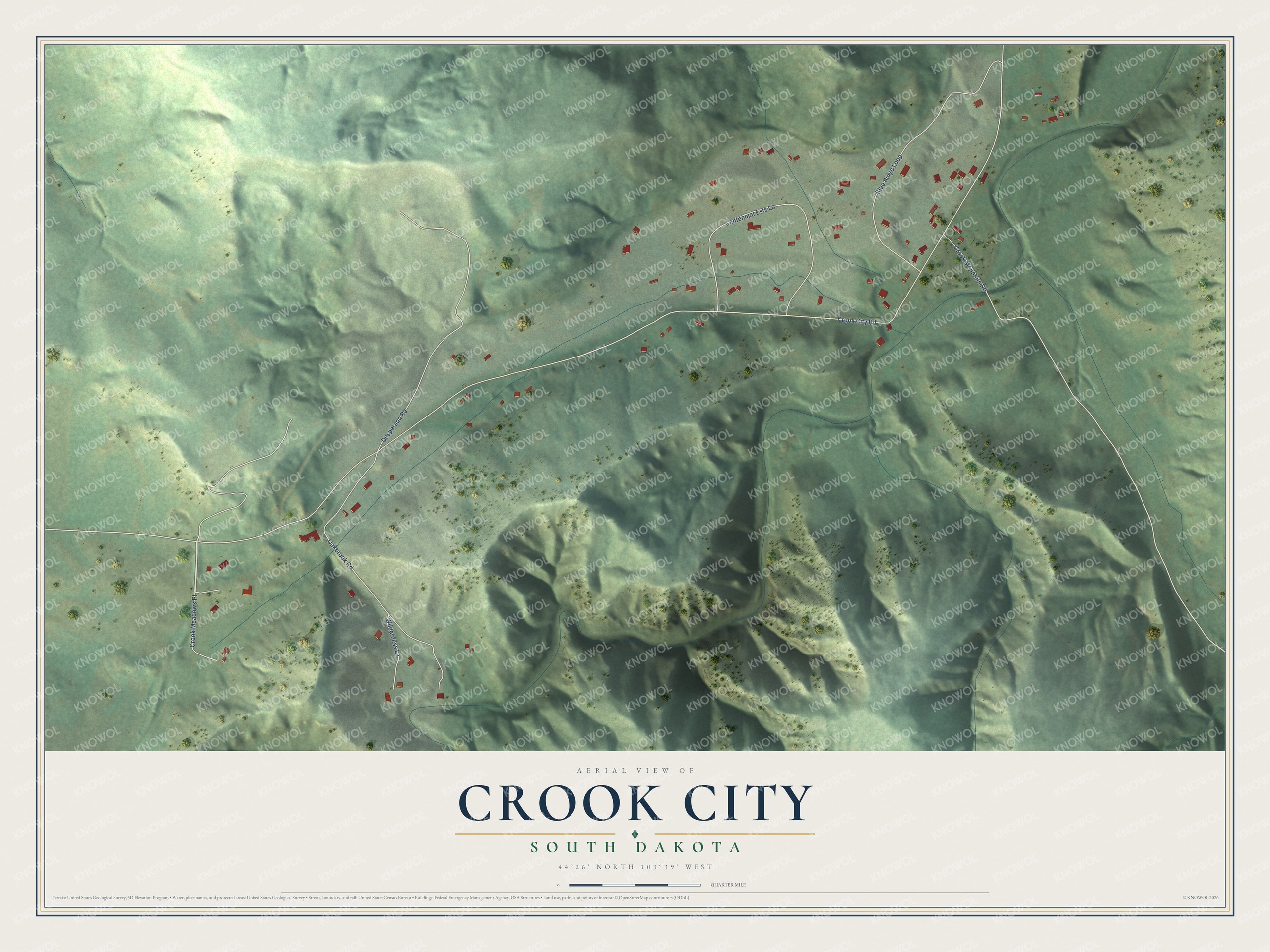 Full map of Crook City, South Dakota, with red buildings, printed street names and the land around them