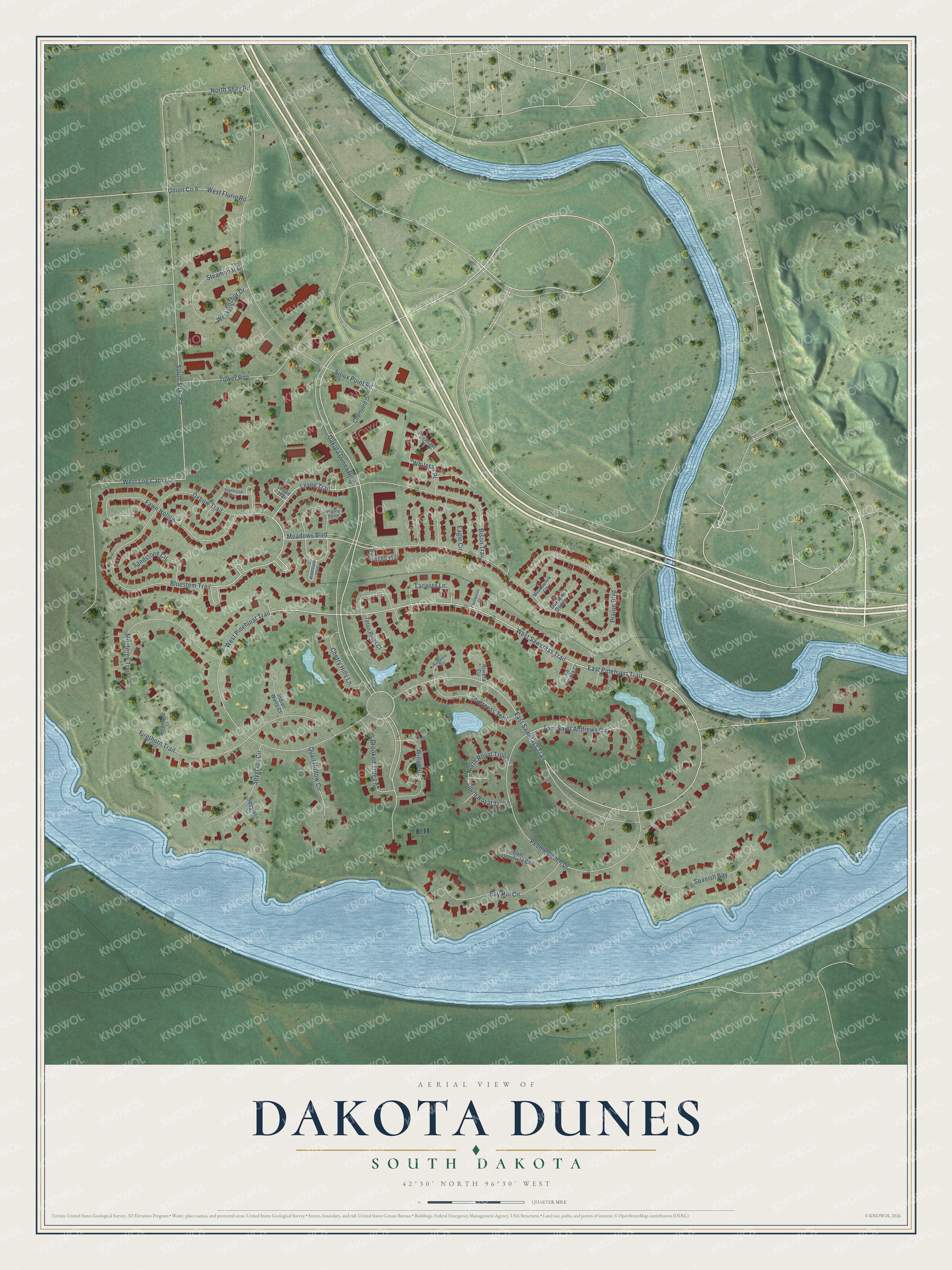 Full map of Dakota Dunes, South Dakota, with red buildings, printed street names and the land around them