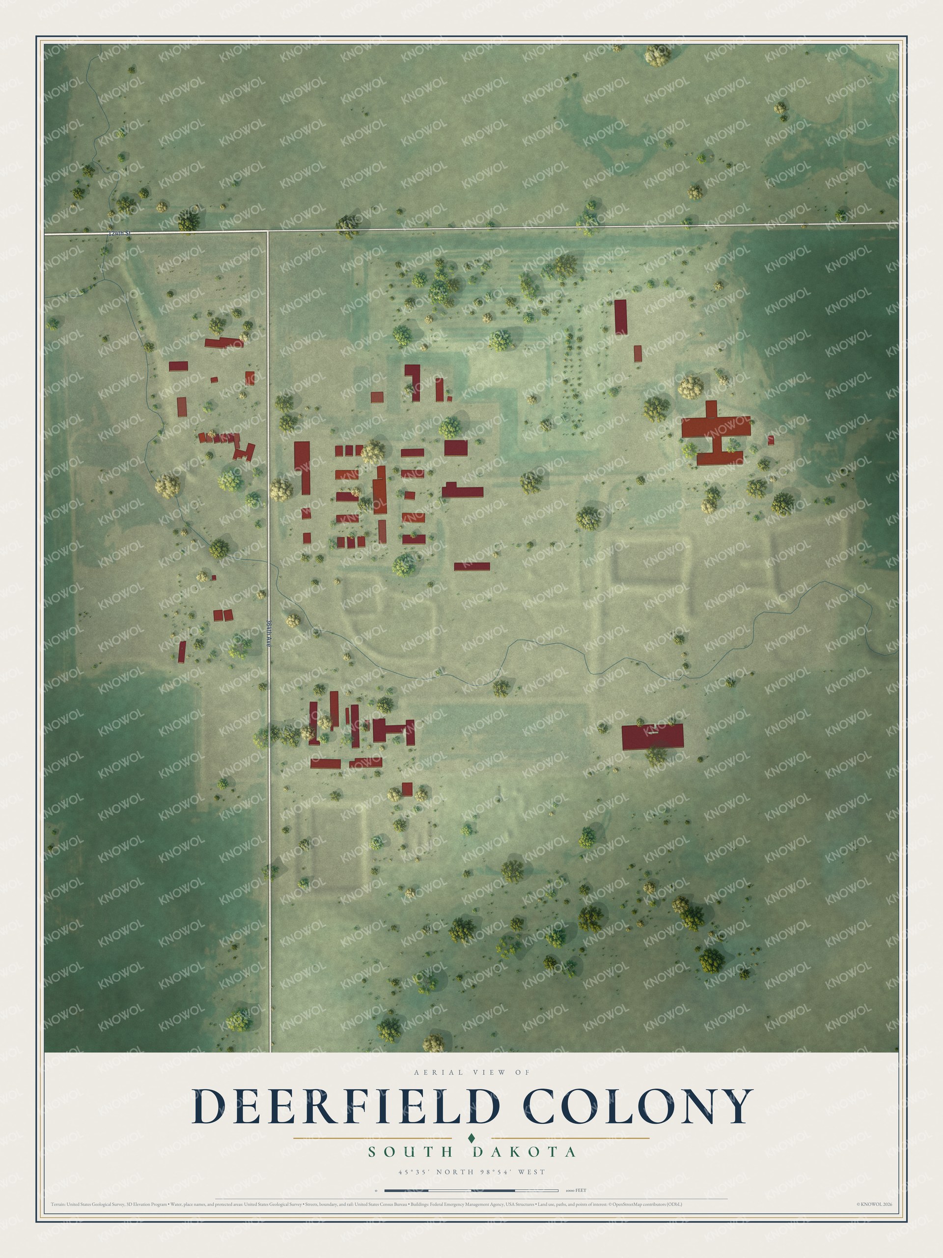 Full map of Deerfield Colony, South Dakota, with red buildings, printed street names and the land around them