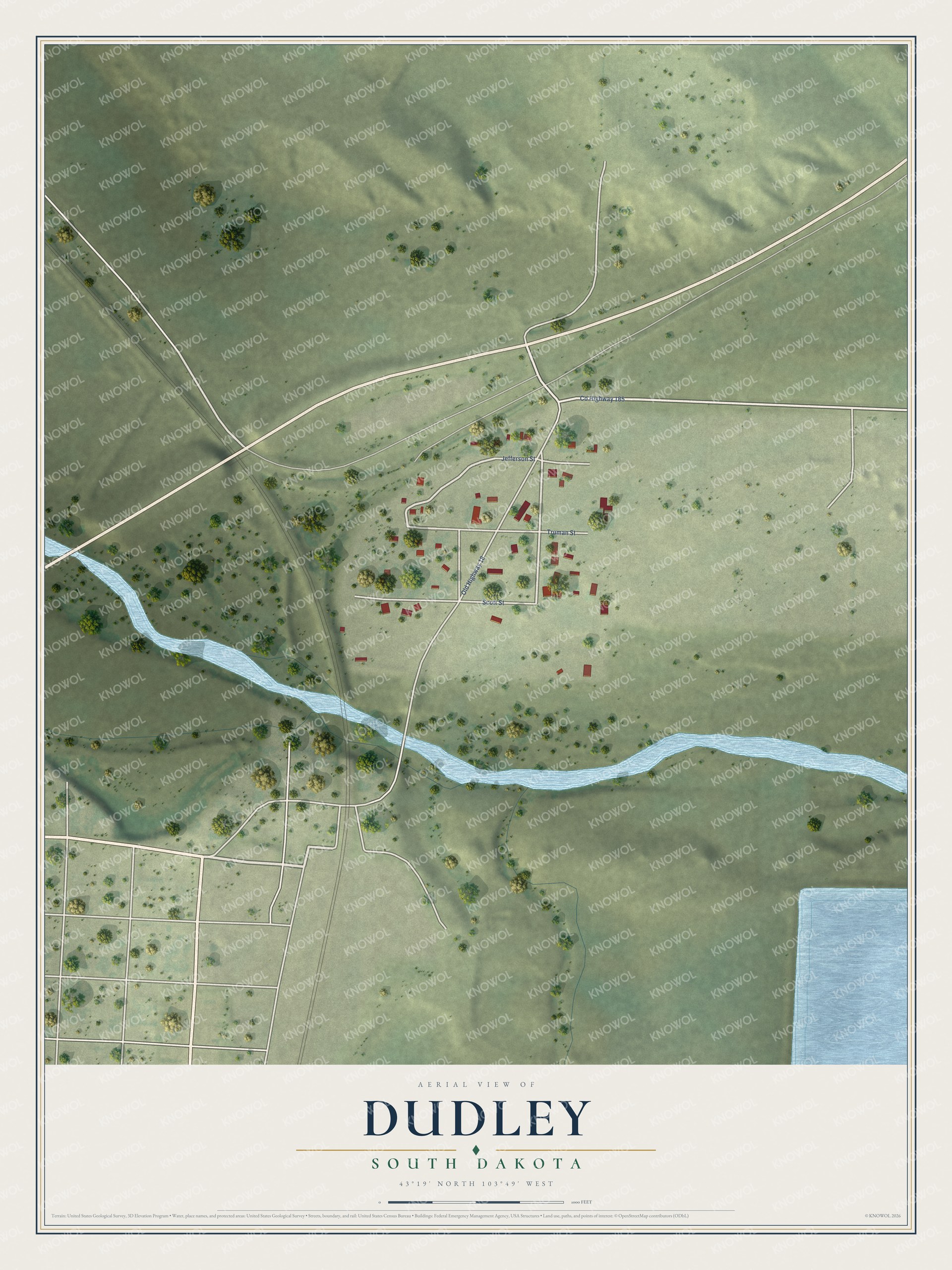 Full map of Dudley, South Dakota, with red buildings, printed street names and the land around them