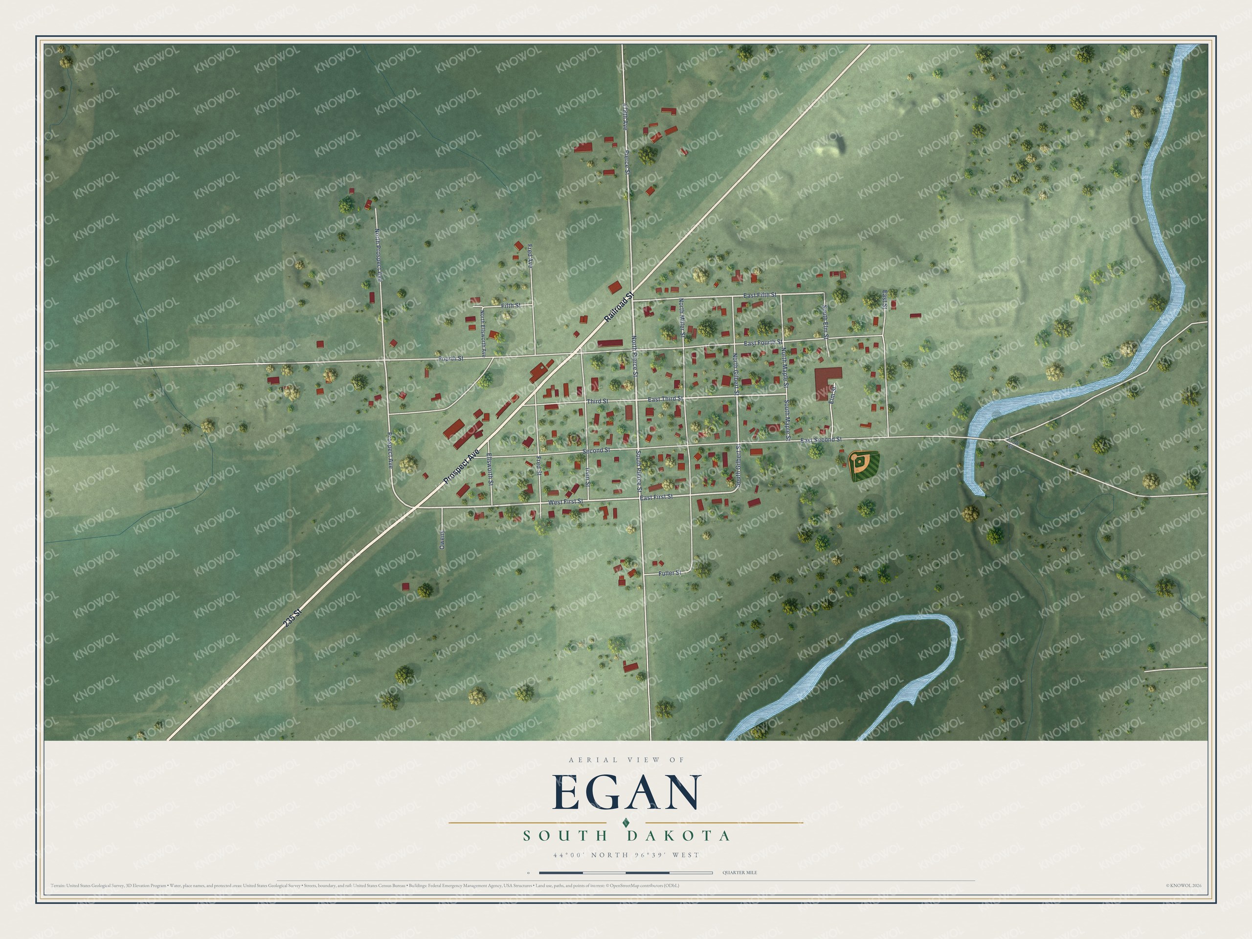 Full map of Egan, South Dakota, with red buildings, printed street names and the land around them