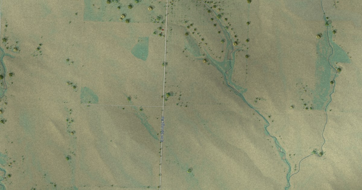 Close-up of streets and buildings in Elm Springs, South Dakota