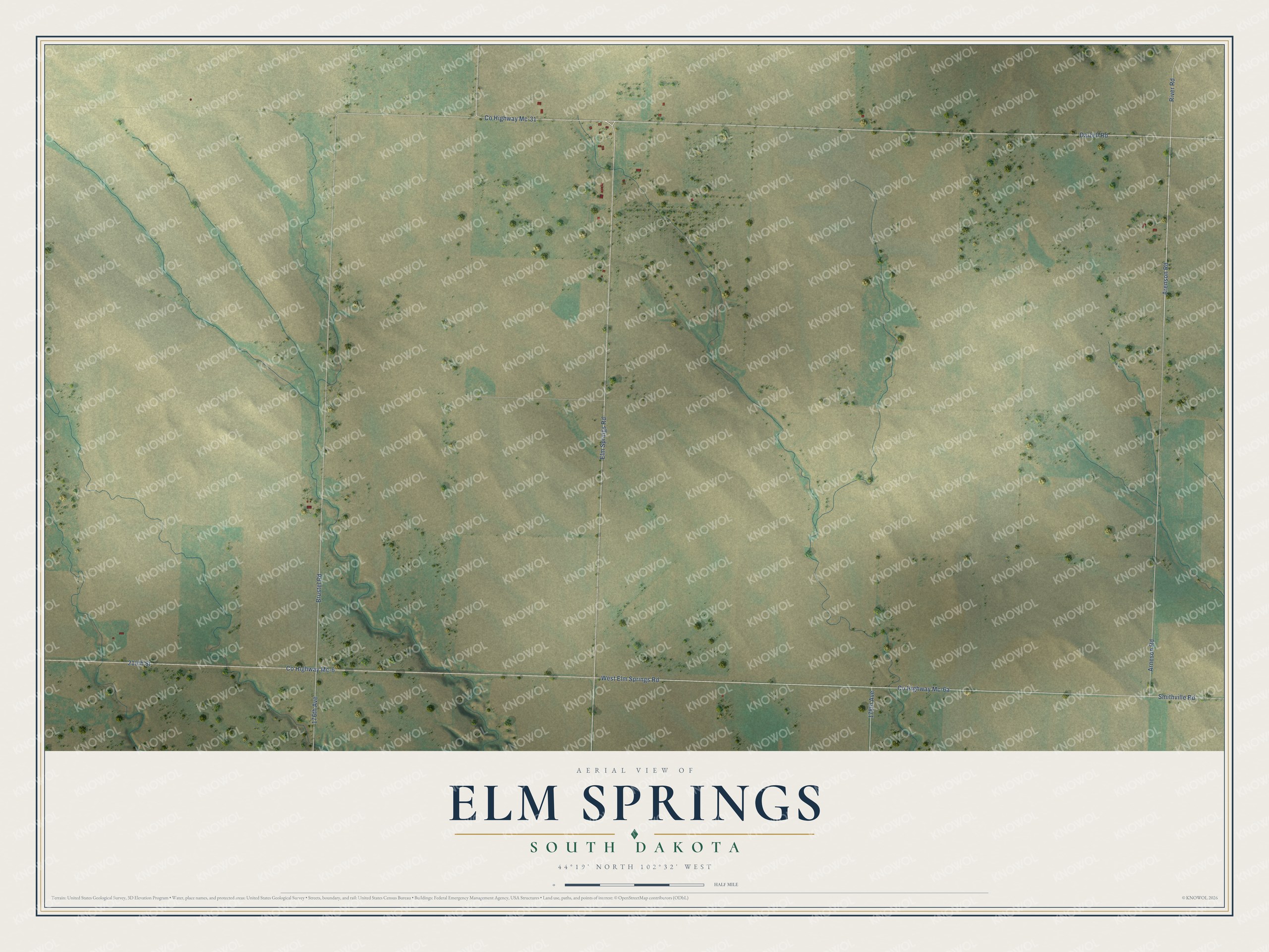 Full map of Elm Springs, South Dakota, with red buildings, printed street names and the land around them