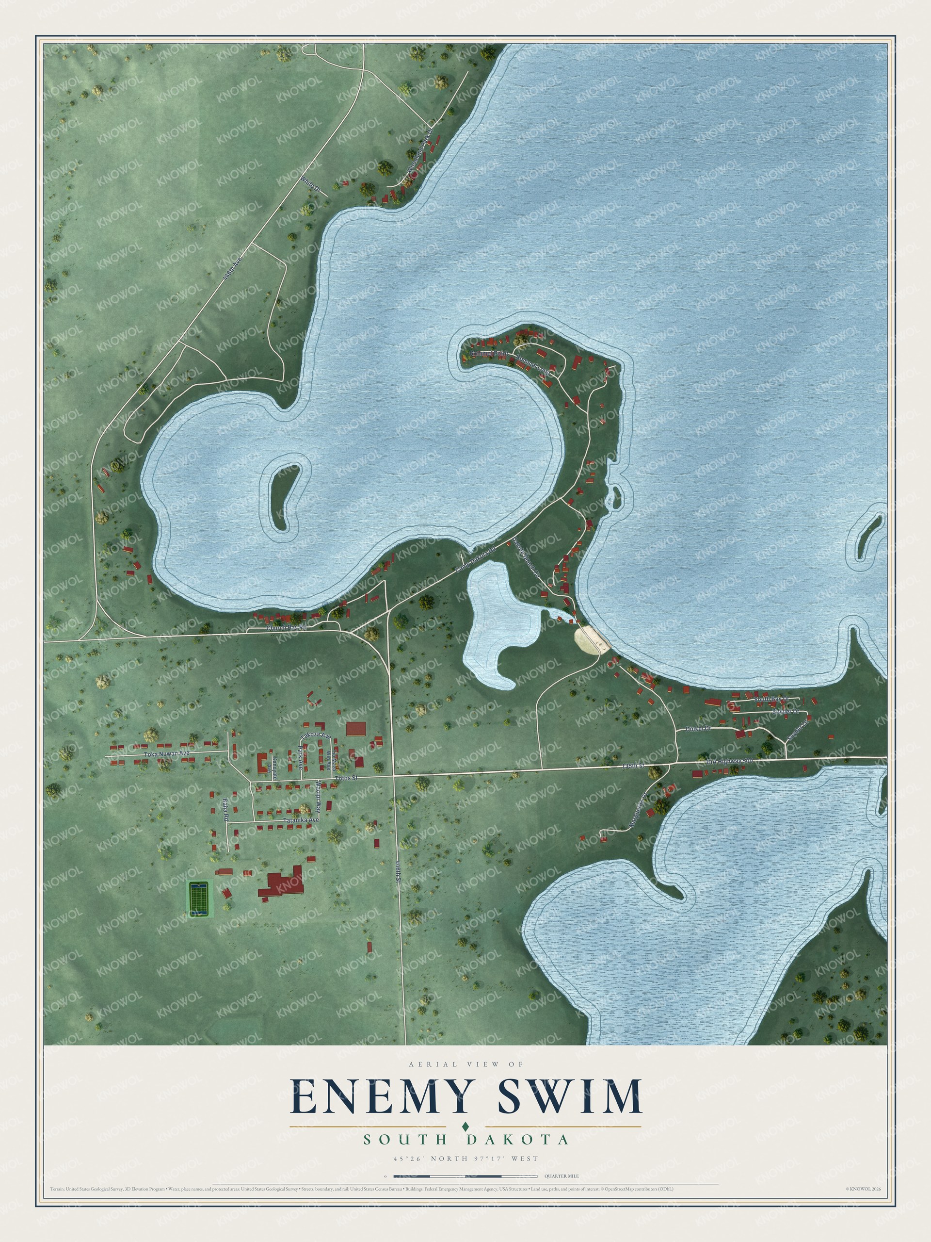 Full map of Enemy Swim, South Dakota, with red buildings, printed street names and the land around them