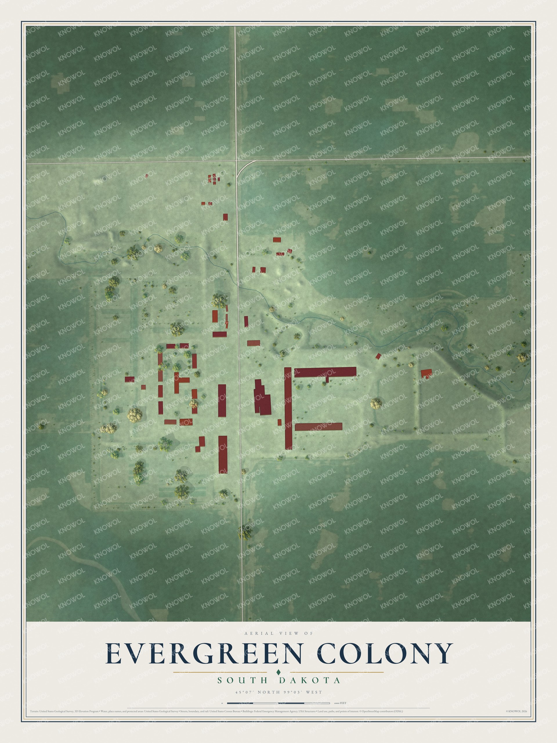 Full map of Evergreen Colony, South Dakota, with red buildings, printed street names and the land around them