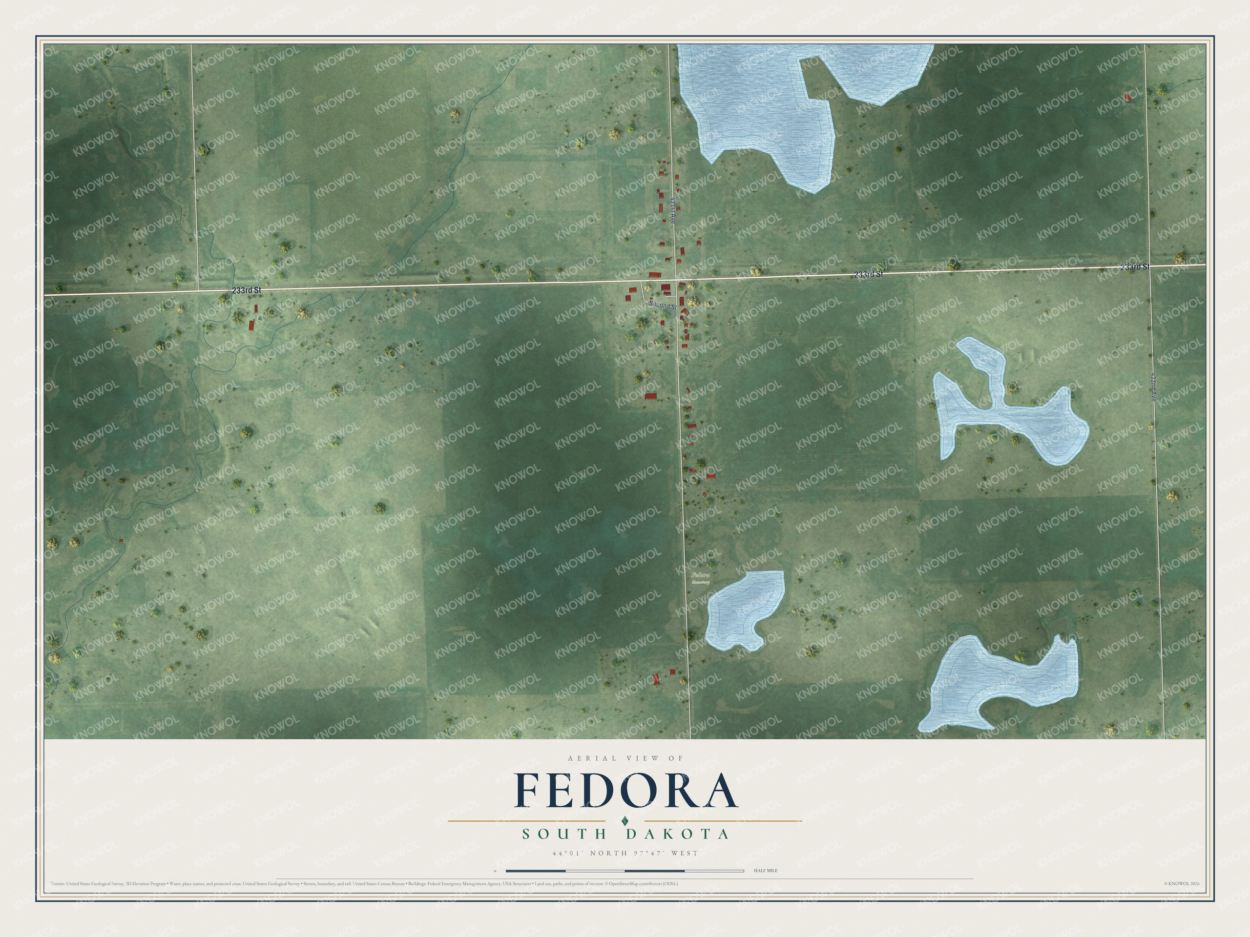 Full map of Fedora, South Dakota, with red buildings, printed street names and the land around them
