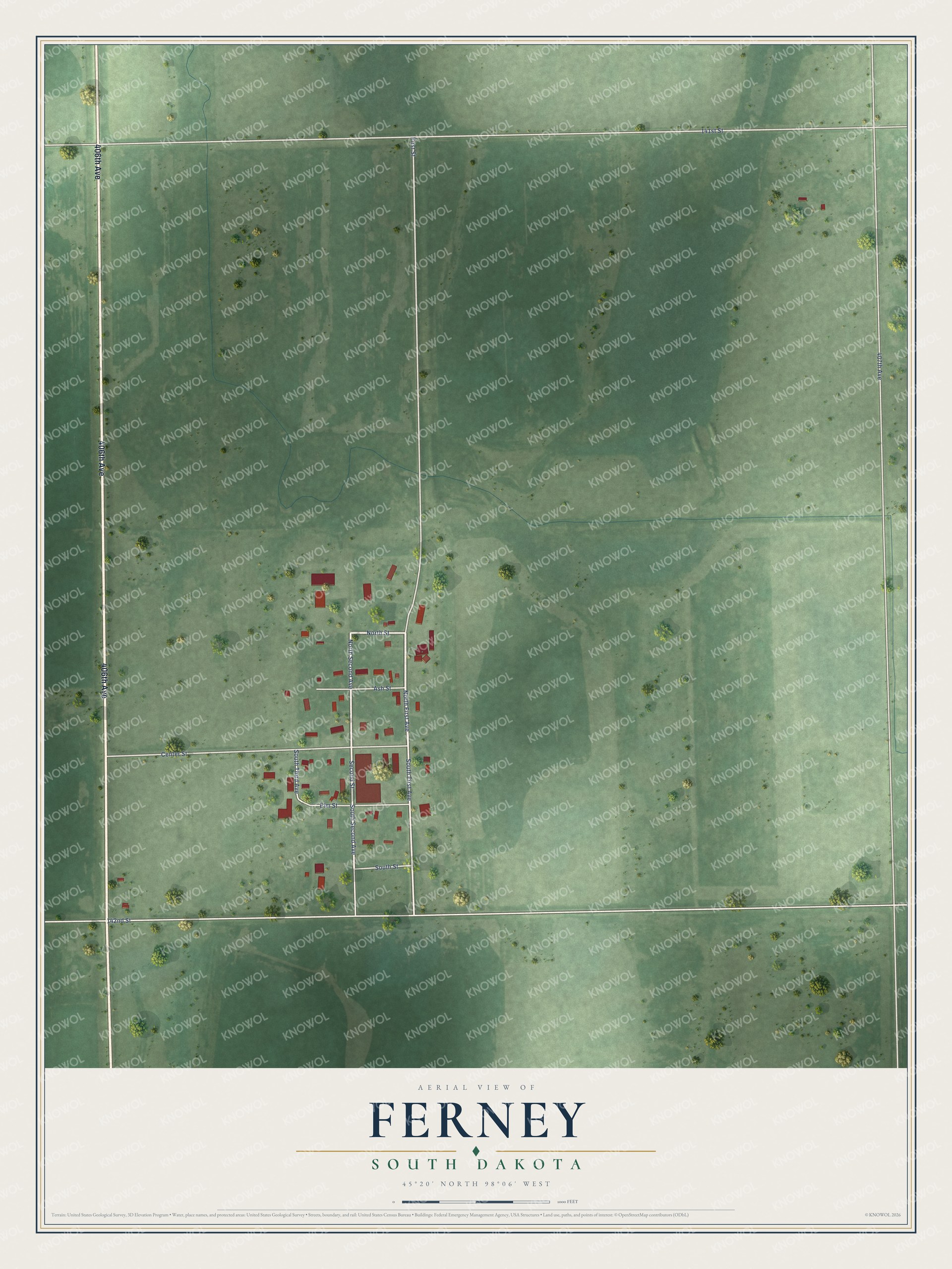 Full map of Ferney, South Dakota, with red buildings, printed street names and the land around them