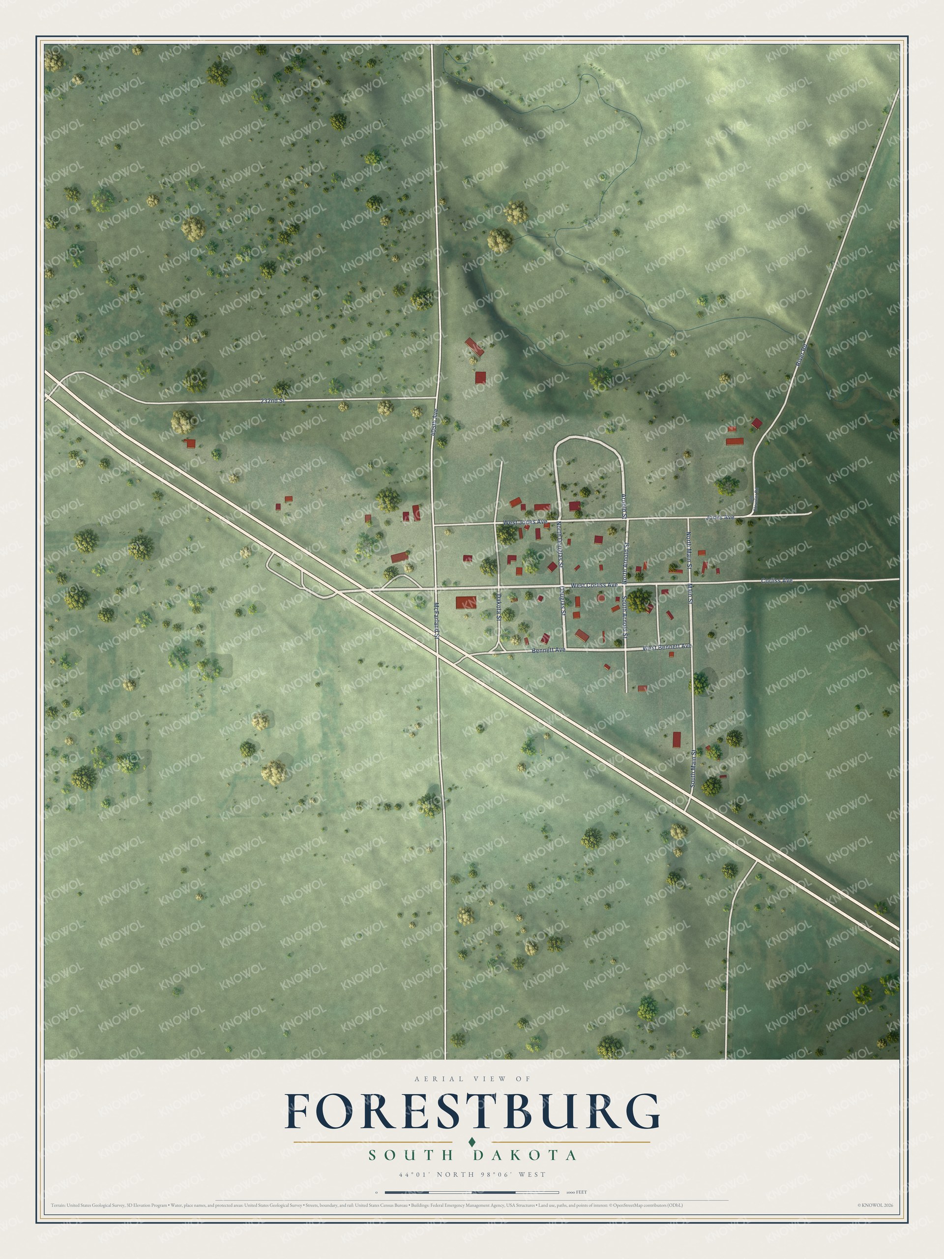 Full map of Forestburg, South Dakota, with red buildings, printed street names and the land around them
