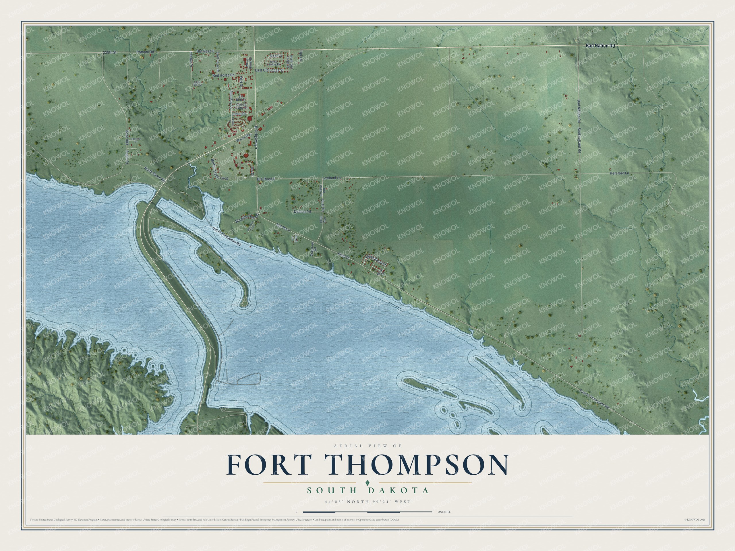 Full map of Fort Thompson, South Dakota, with red buildings, printed street names and the land around them