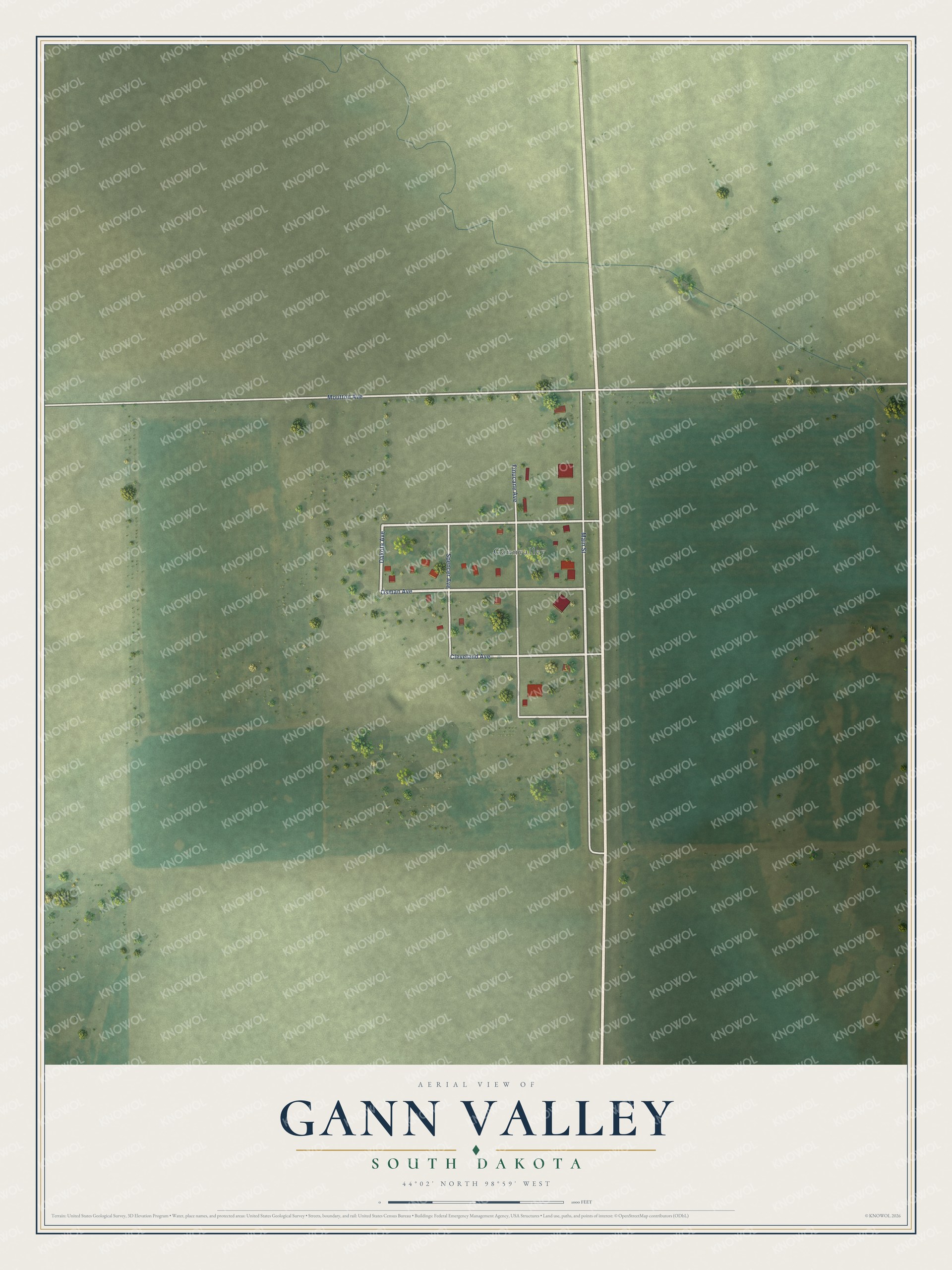Full map of Gann Valley, South Dakota, with red buildings, printed street names and the land around them