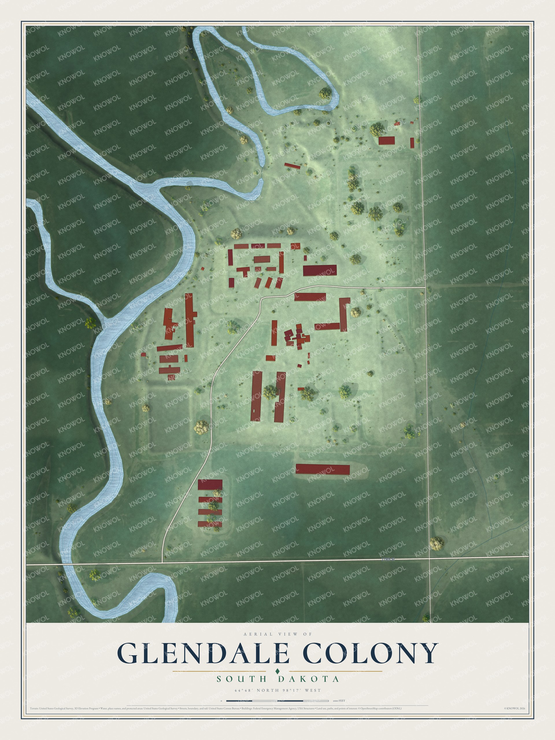 Full map of Glendale Colony, South Dakota, with red buildings, printed street names and the land around them