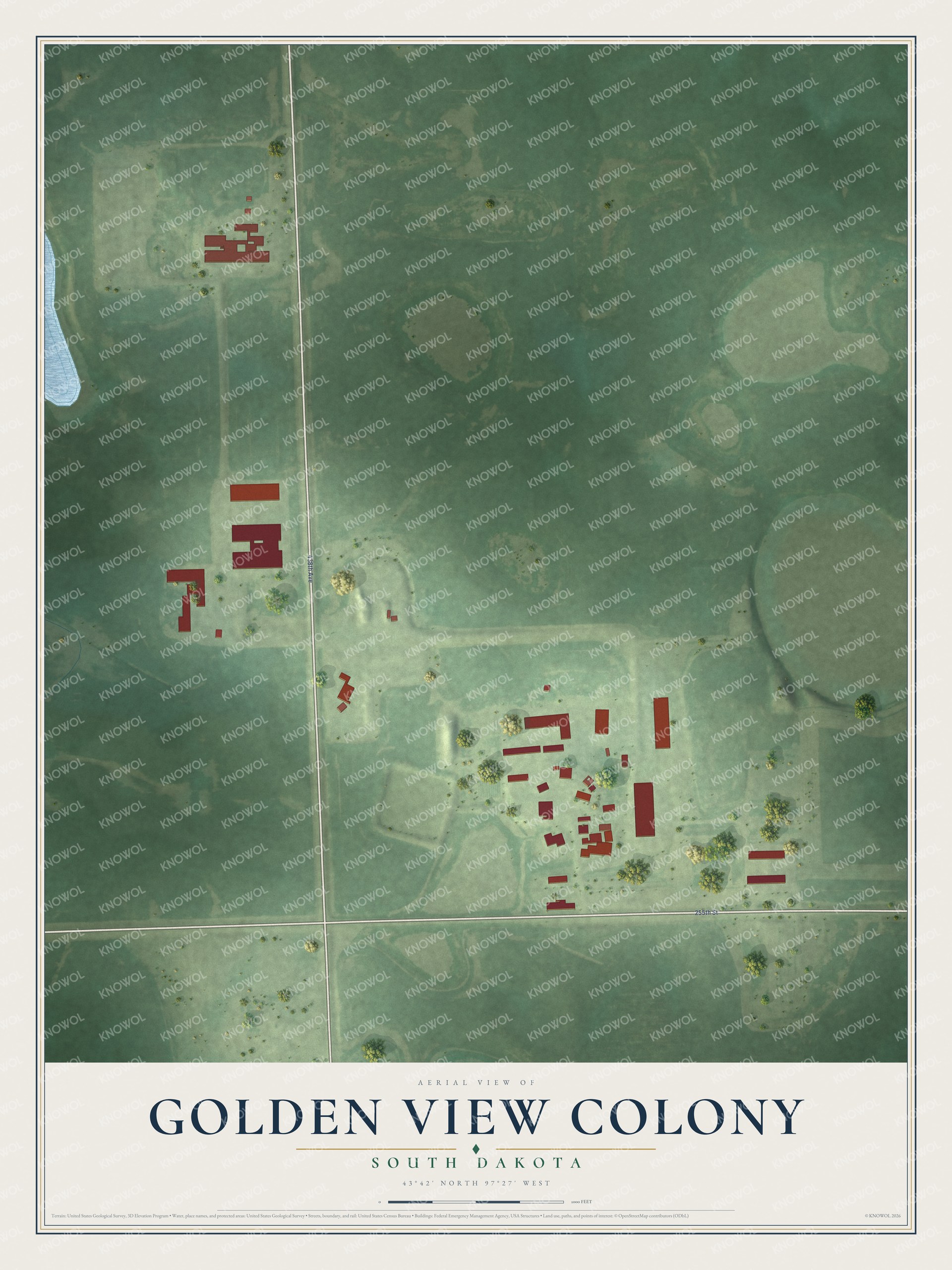 Full map of Golden View Colony, South Dakota, with red buildings, printed street names and the land around them