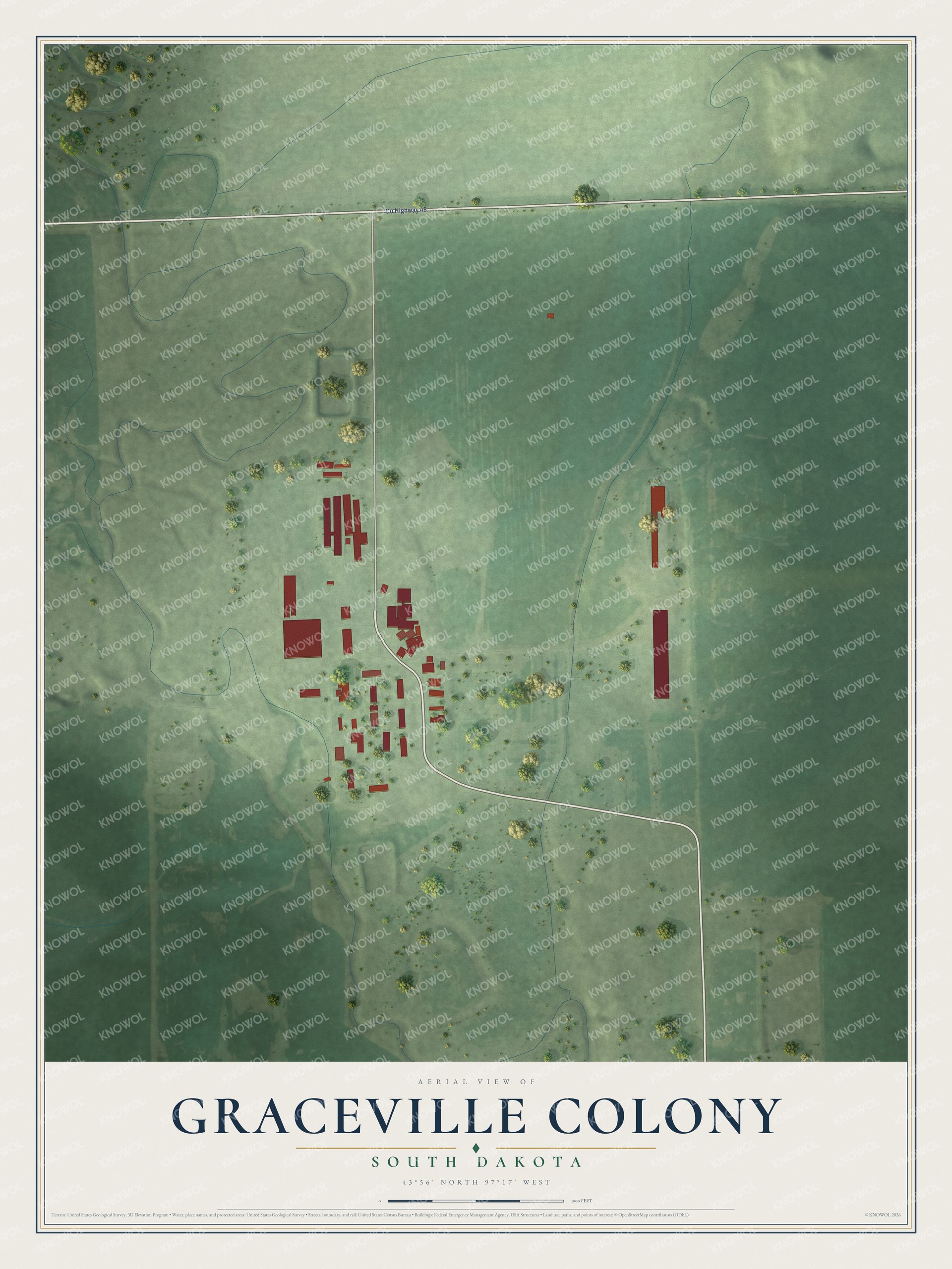 Full map of Graceville Colony, South Dakota, with red buildings, printed street names and the land around them