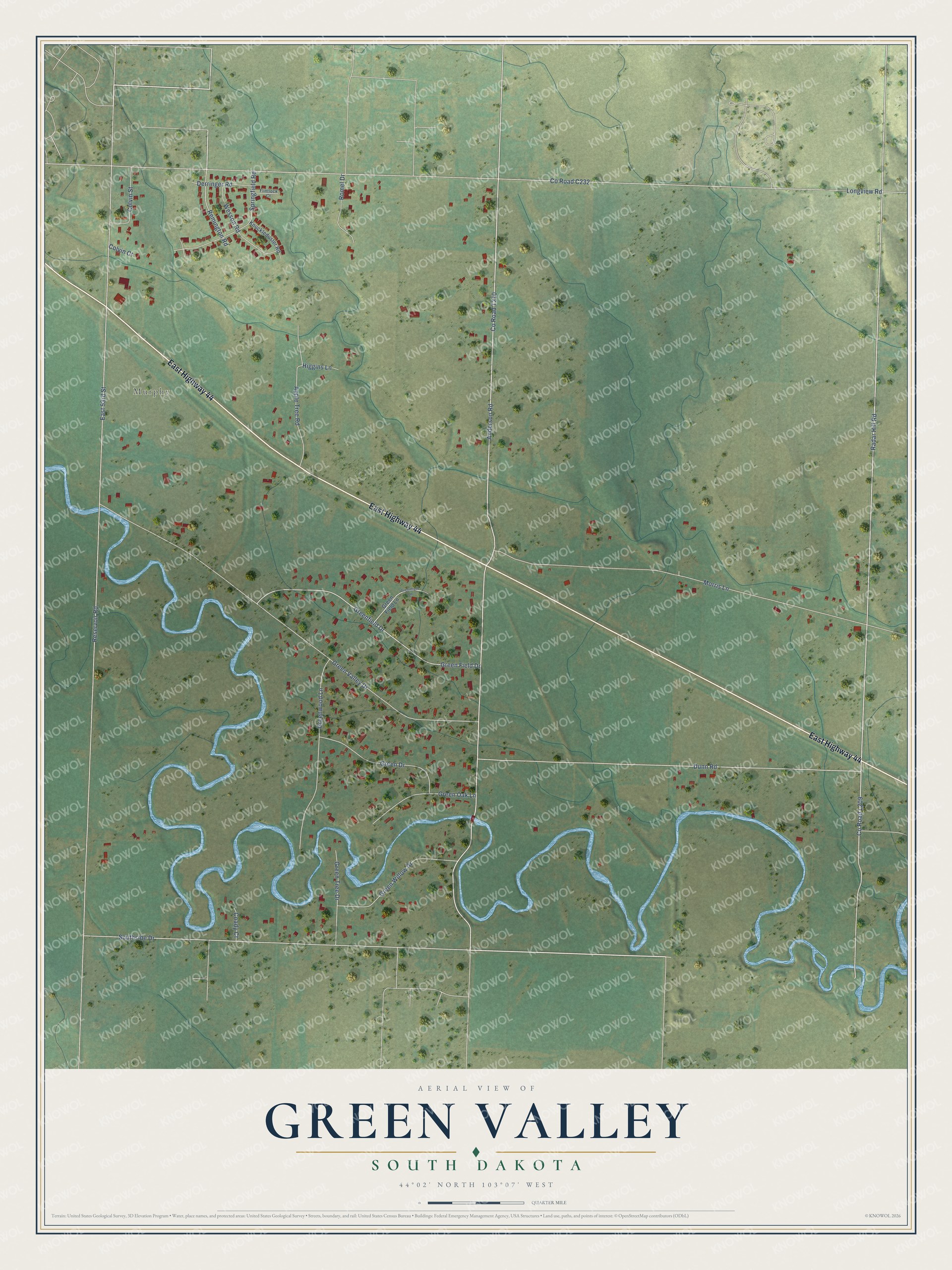 Full map of Green Valley, South Dakota, with red buildings, printed street names and the land around them