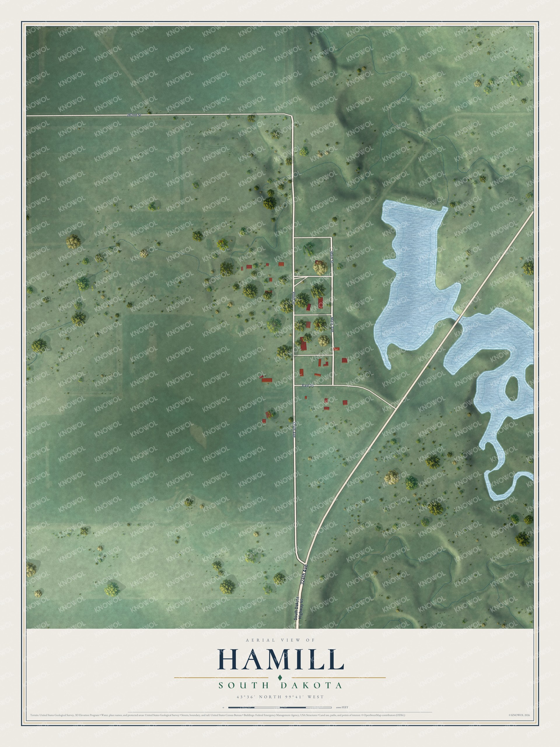 Full map of Hamill, South Dakota, with red buildings, printed street names and the land around them