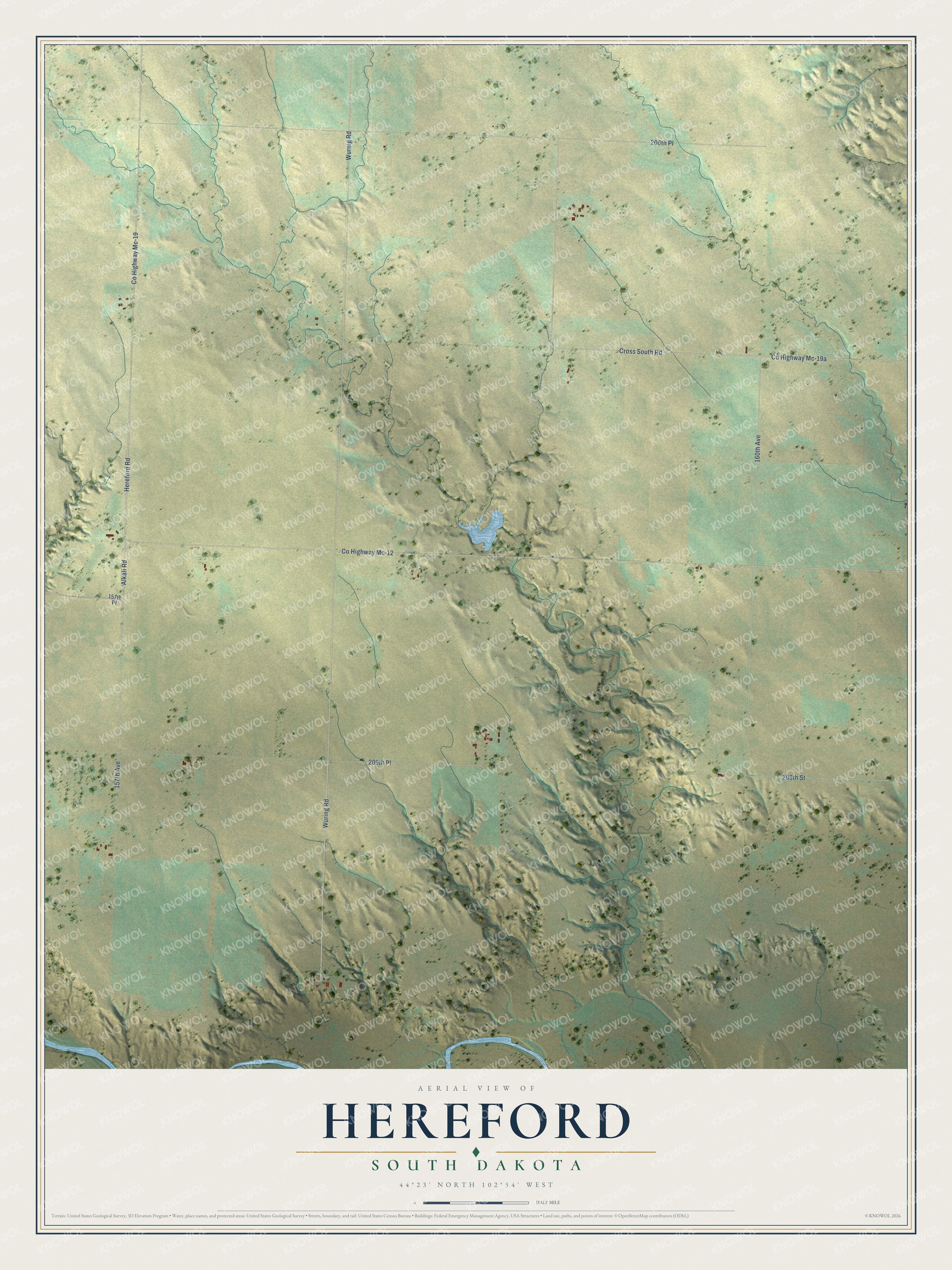 Full map of Hereford, South Dakota, with red buildings, printed street names and the land around them