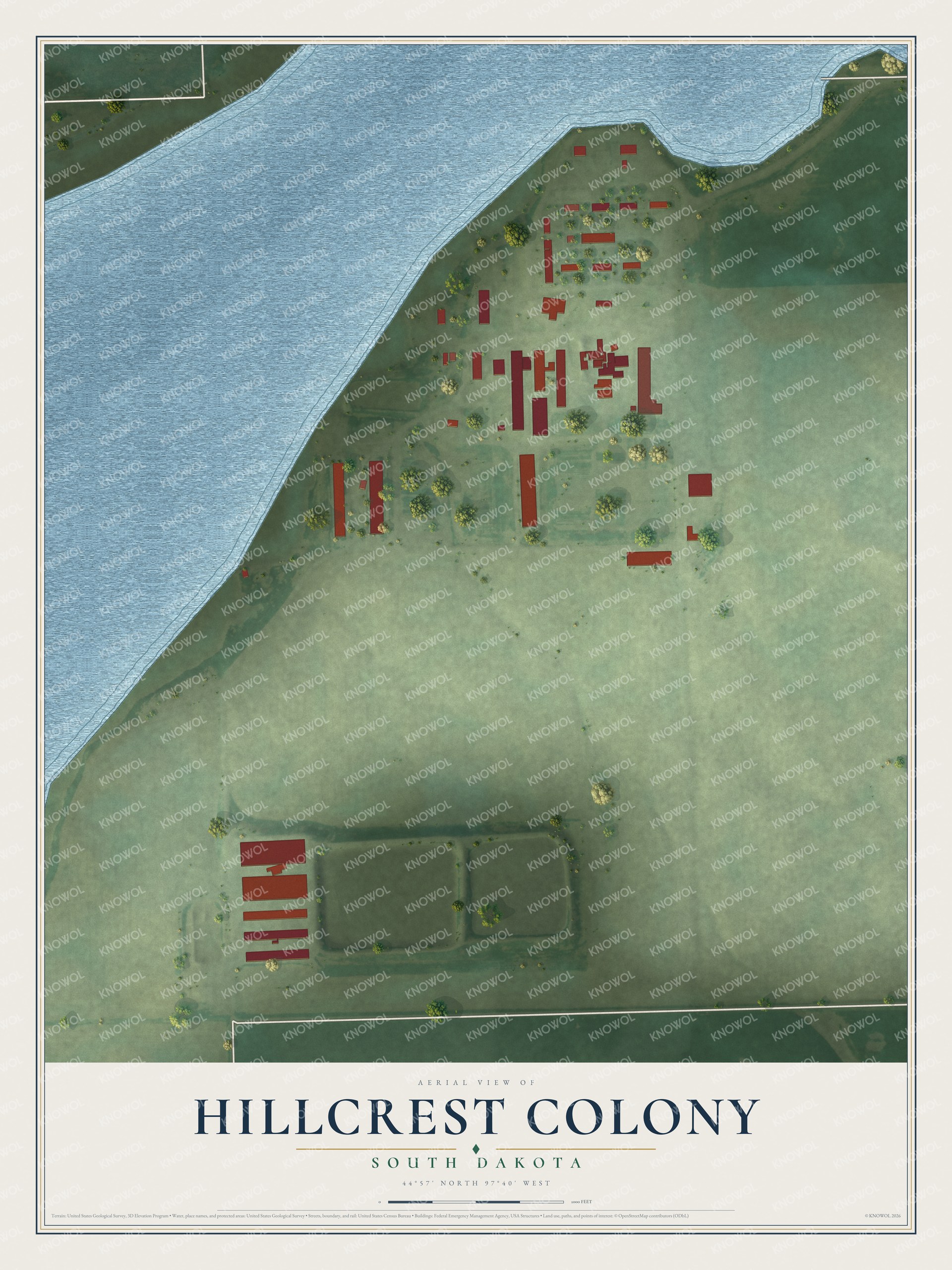 Full map of Hillcrest Colony, South Dakota, with red buildings, printed street names and the land around them