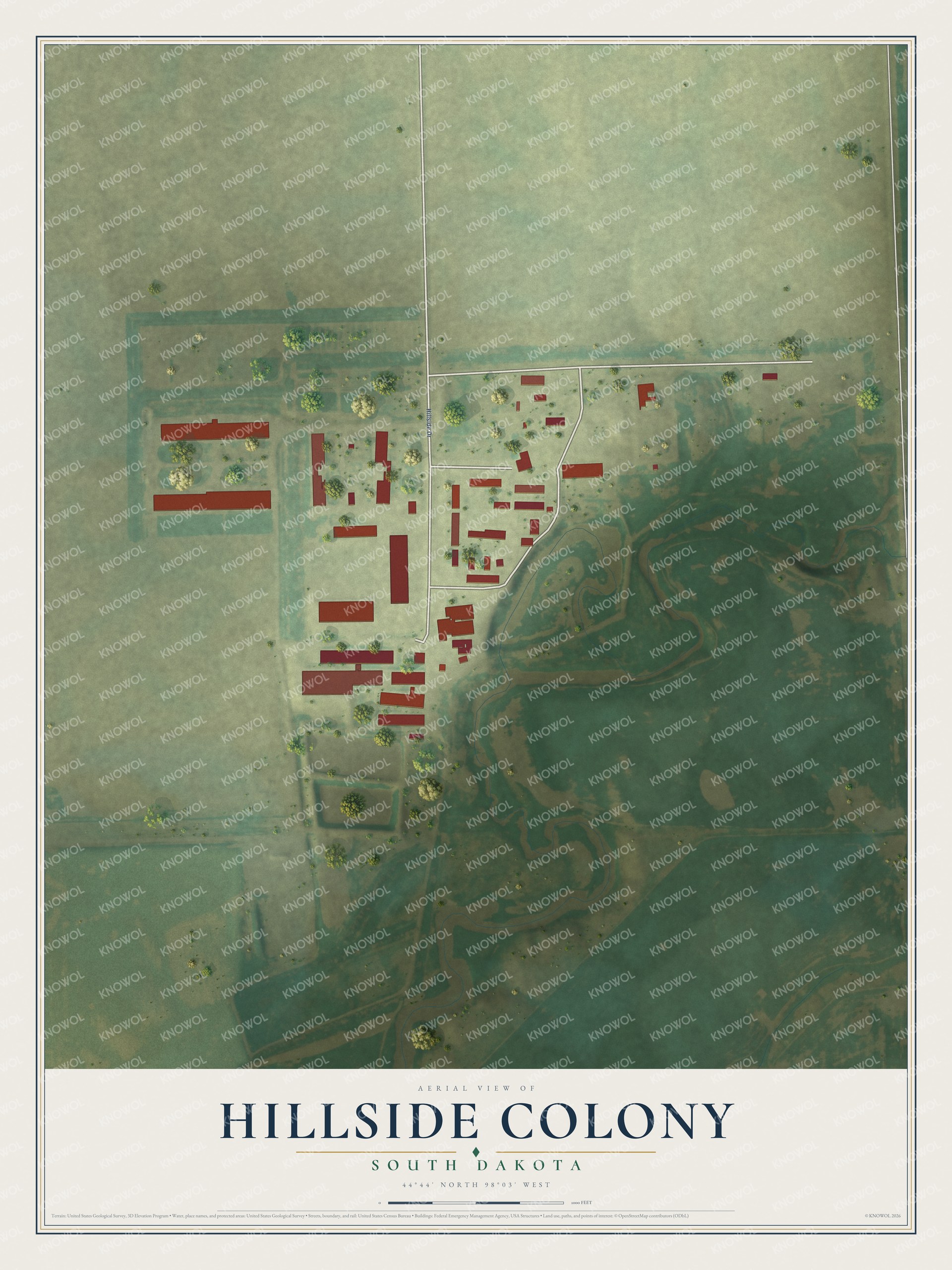 Full map of Hillside Colony, South Dakota, with red buildings, printed street names and the land around them
