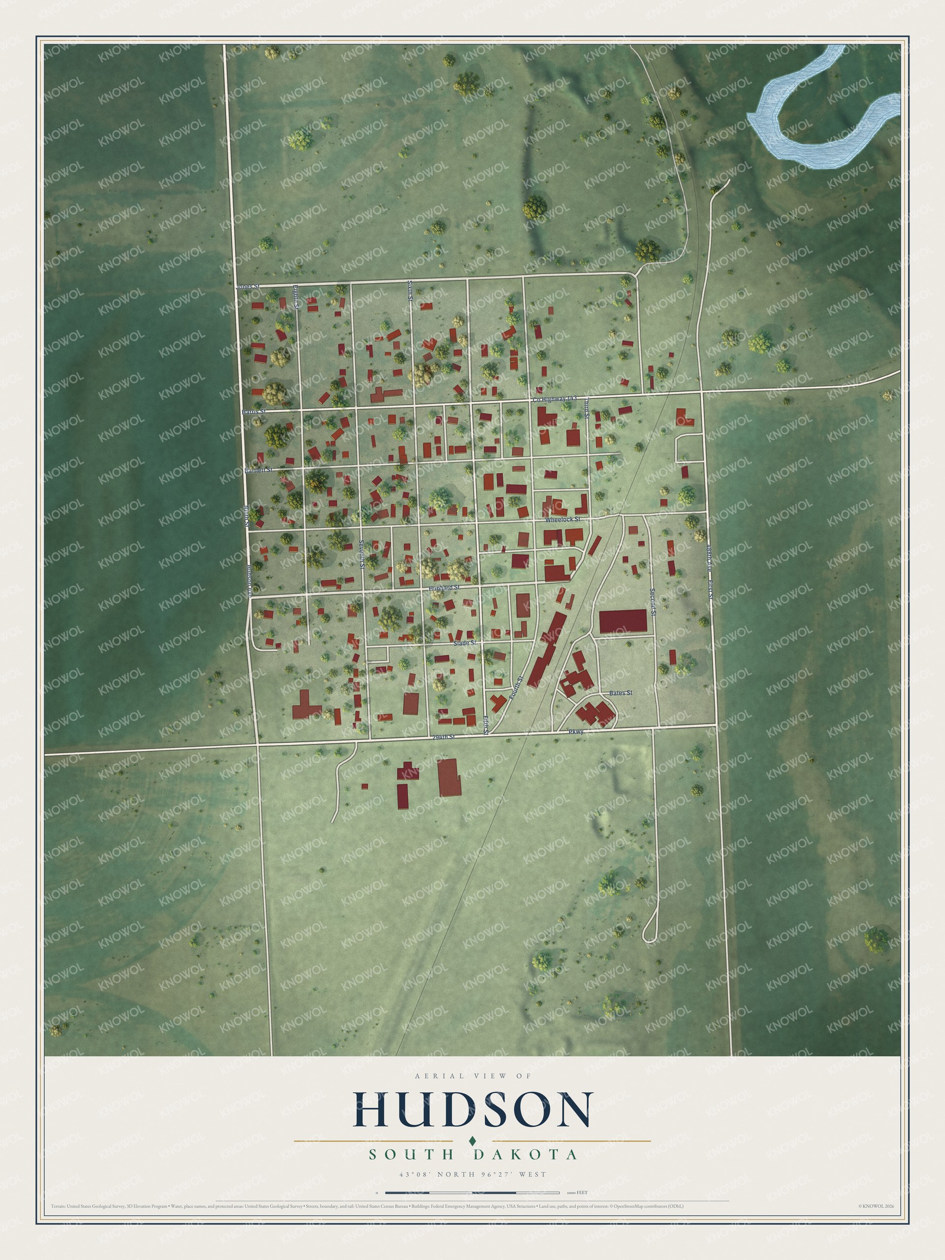 Watermarked full-map preview of Hudson, South Dakota