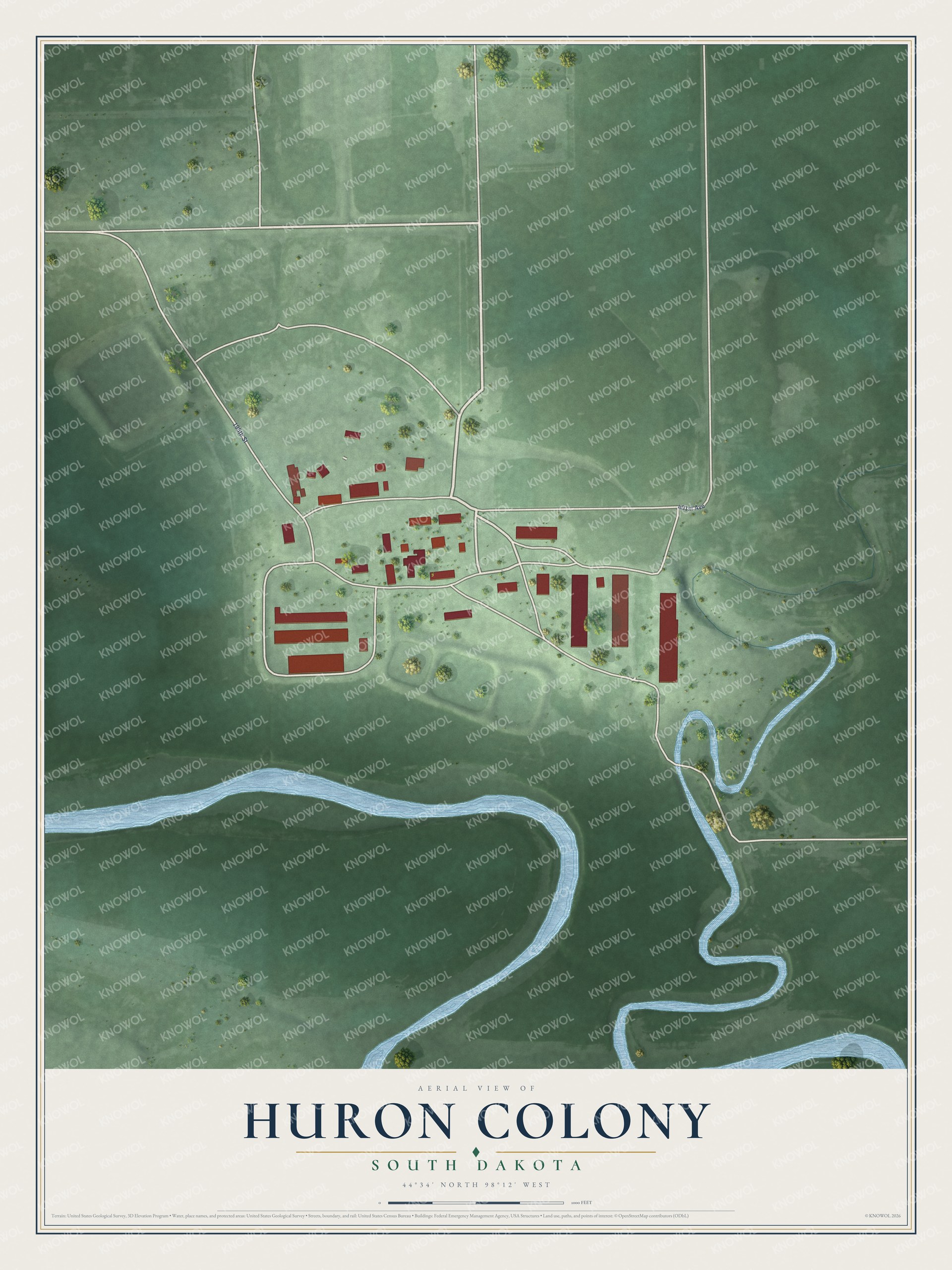 Full map of Huron Colony, South Dakota, with red buildings, printed street names and the land around them