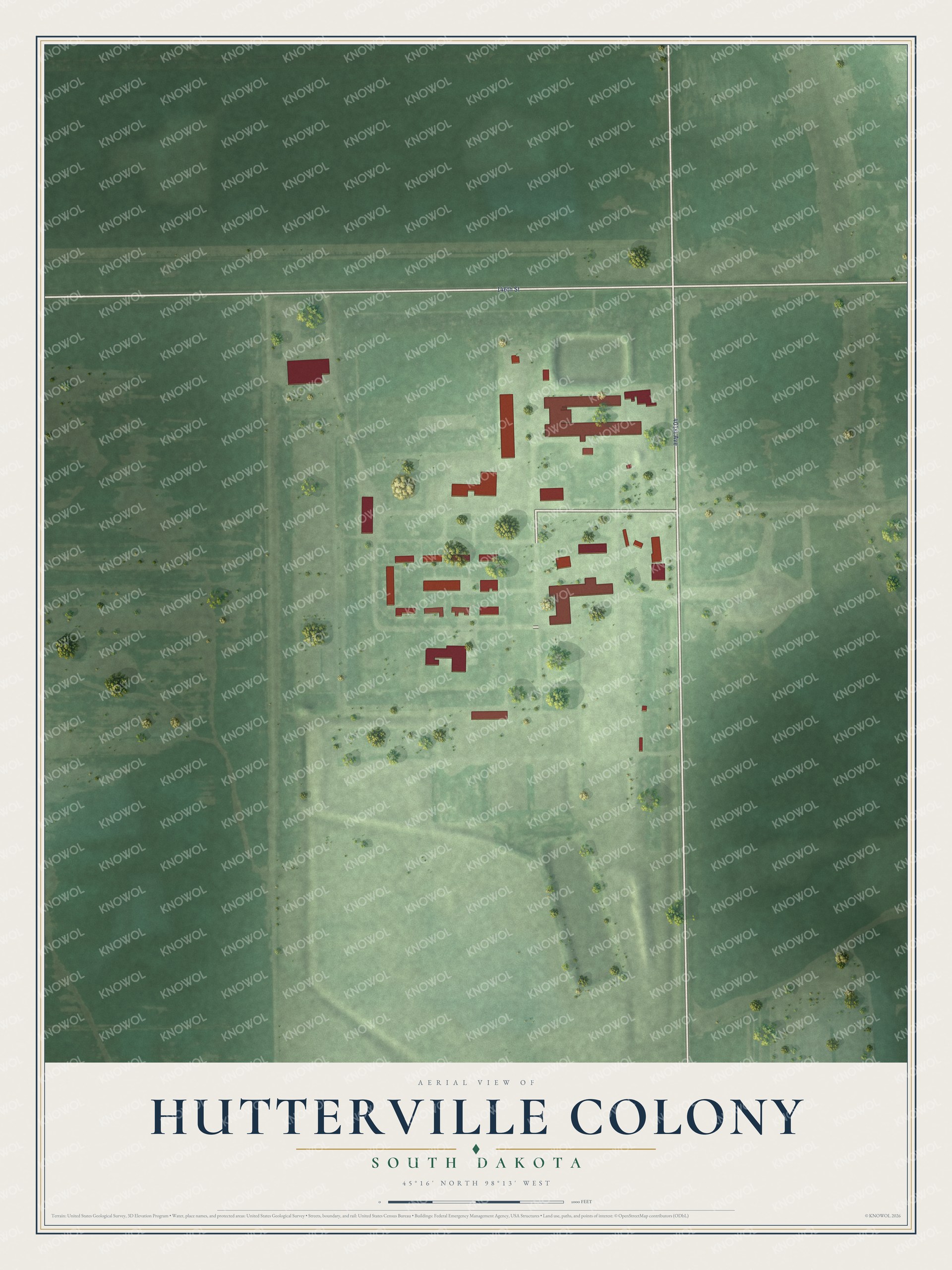Full map of Hutterville Colony, South Dakota, with red buildings, printed street names and the land around them