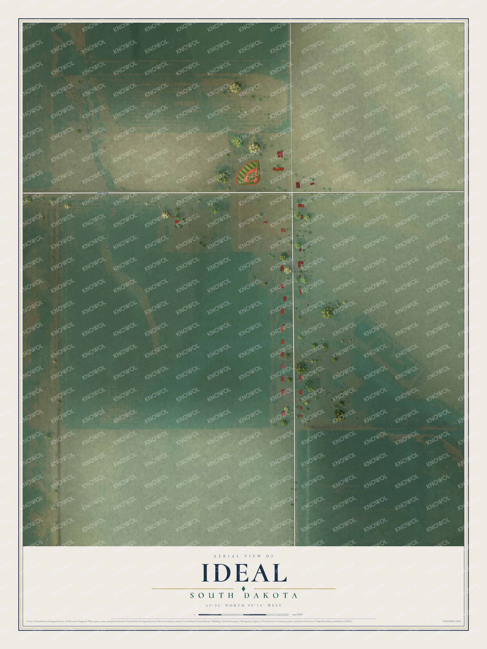 Full map of Ideal, South Dakota, with red buildings, printed street names and the land around them