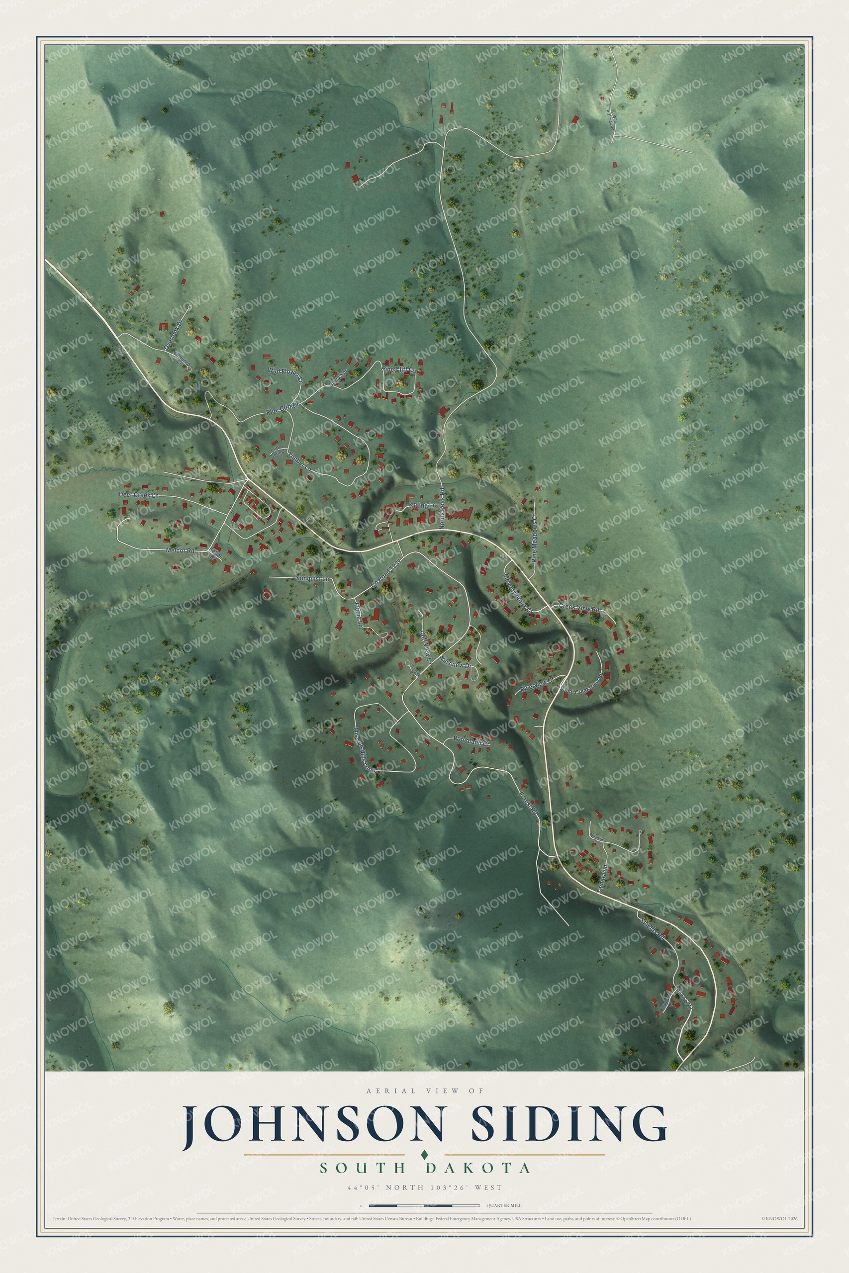 Full map of Johnson Siding, South Dakota, with red buildings, printed street names and the land around them