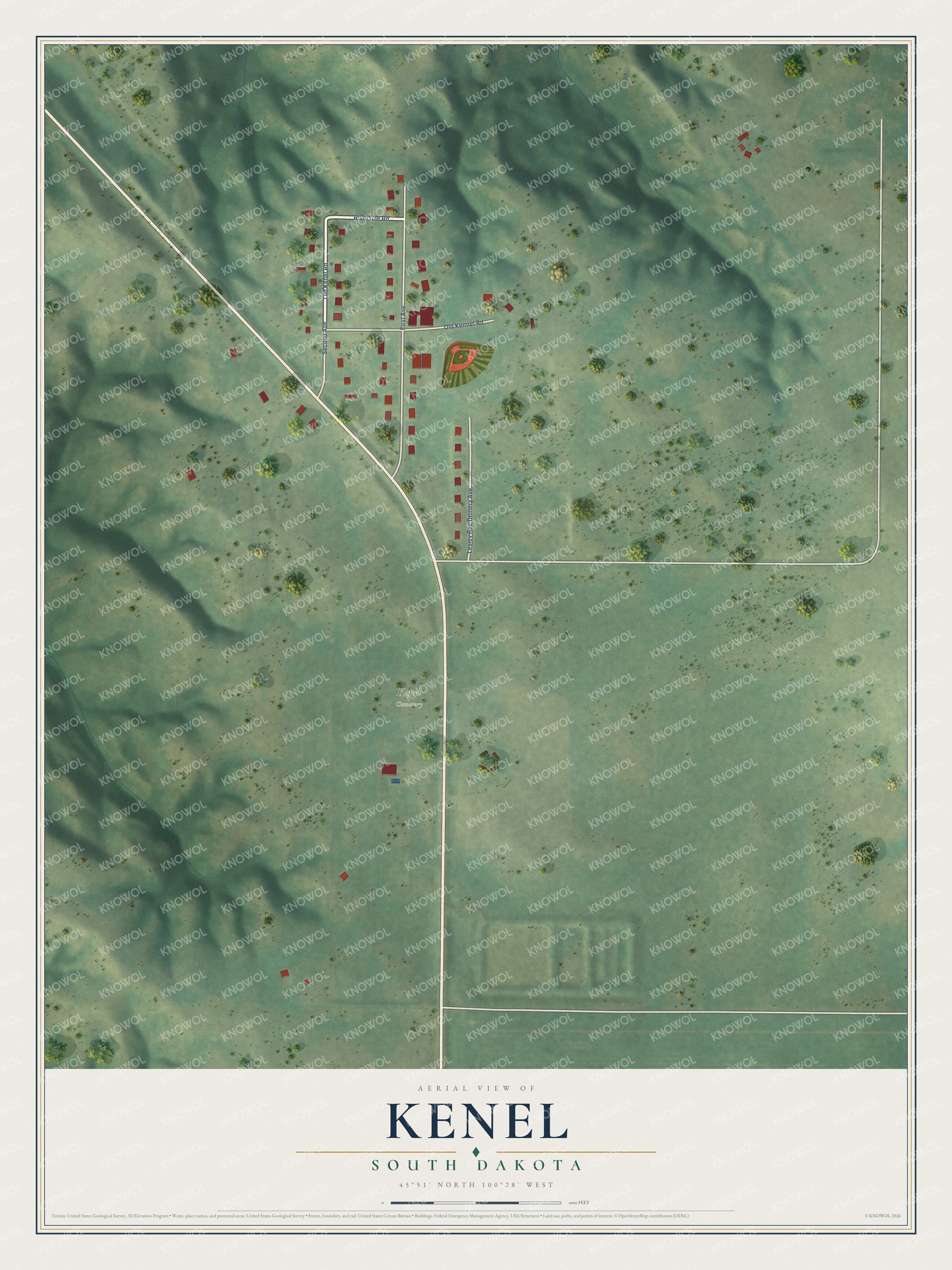 Full map of Kenel, South Dakota, with red buildings, printed street names and the land around them