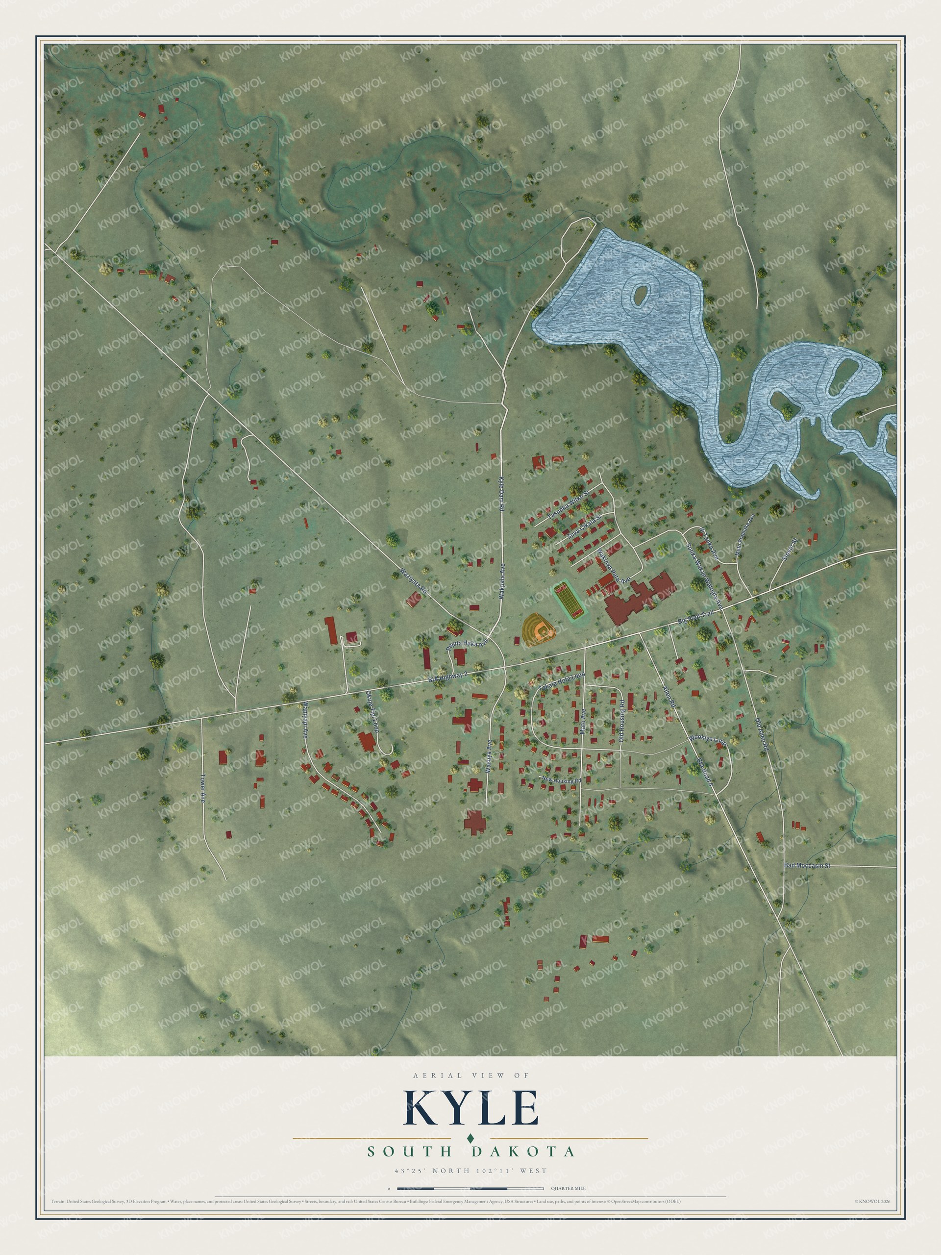 Full map of Kyle, South Dakota, with red buildings, printed street names and the land around them