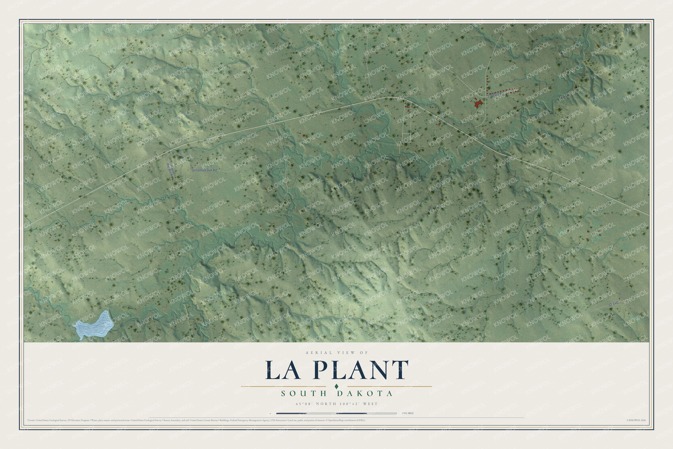 Full map of La Plant, South Dakota, with red buildings, printed street names and the land around them