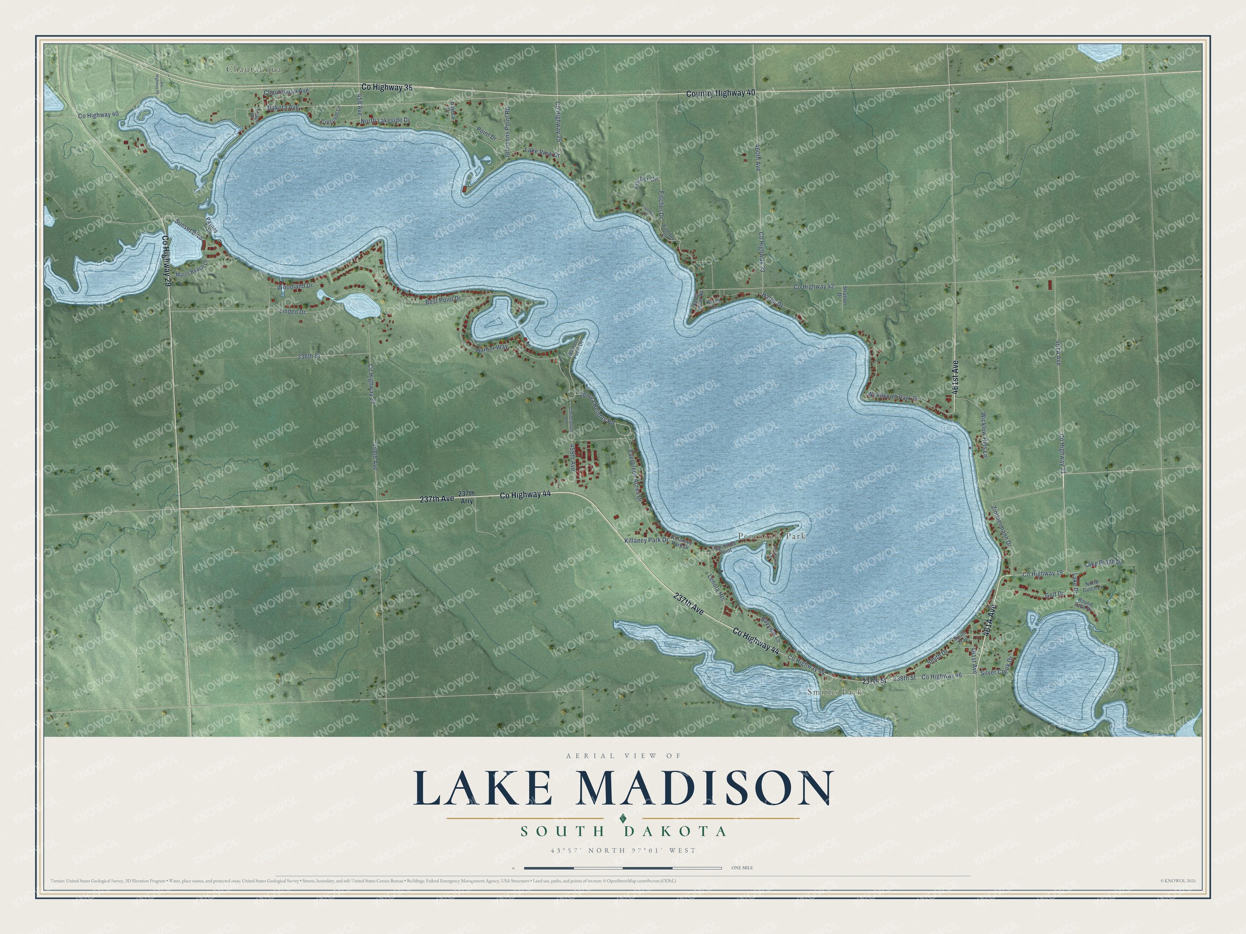 Full map of Lake Madison, South Dakota, with red buildings, printed street names and the land around them