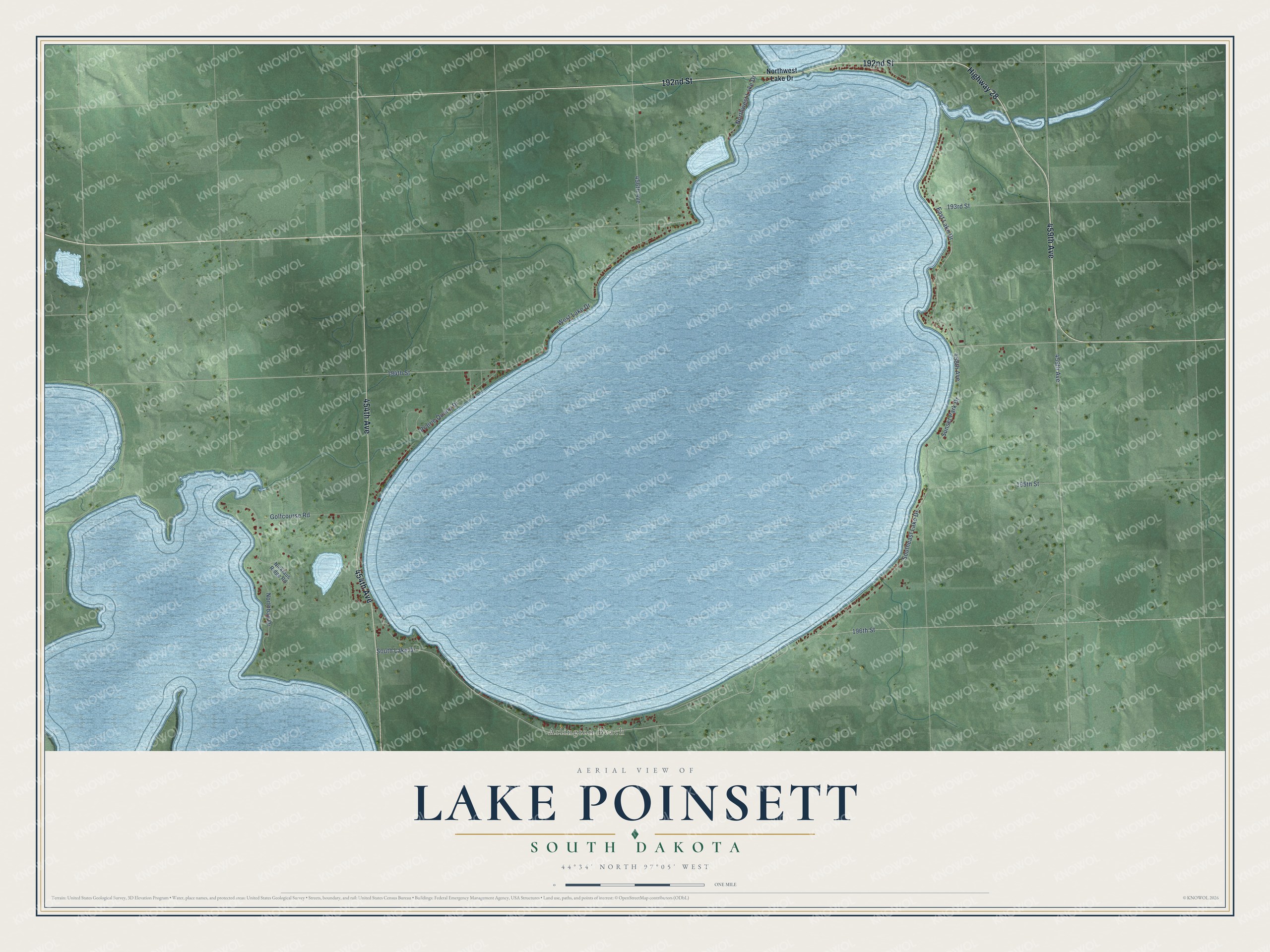 Full map of Lake Poinsett, South Dakota, with red buildings, printed street names and the land around them