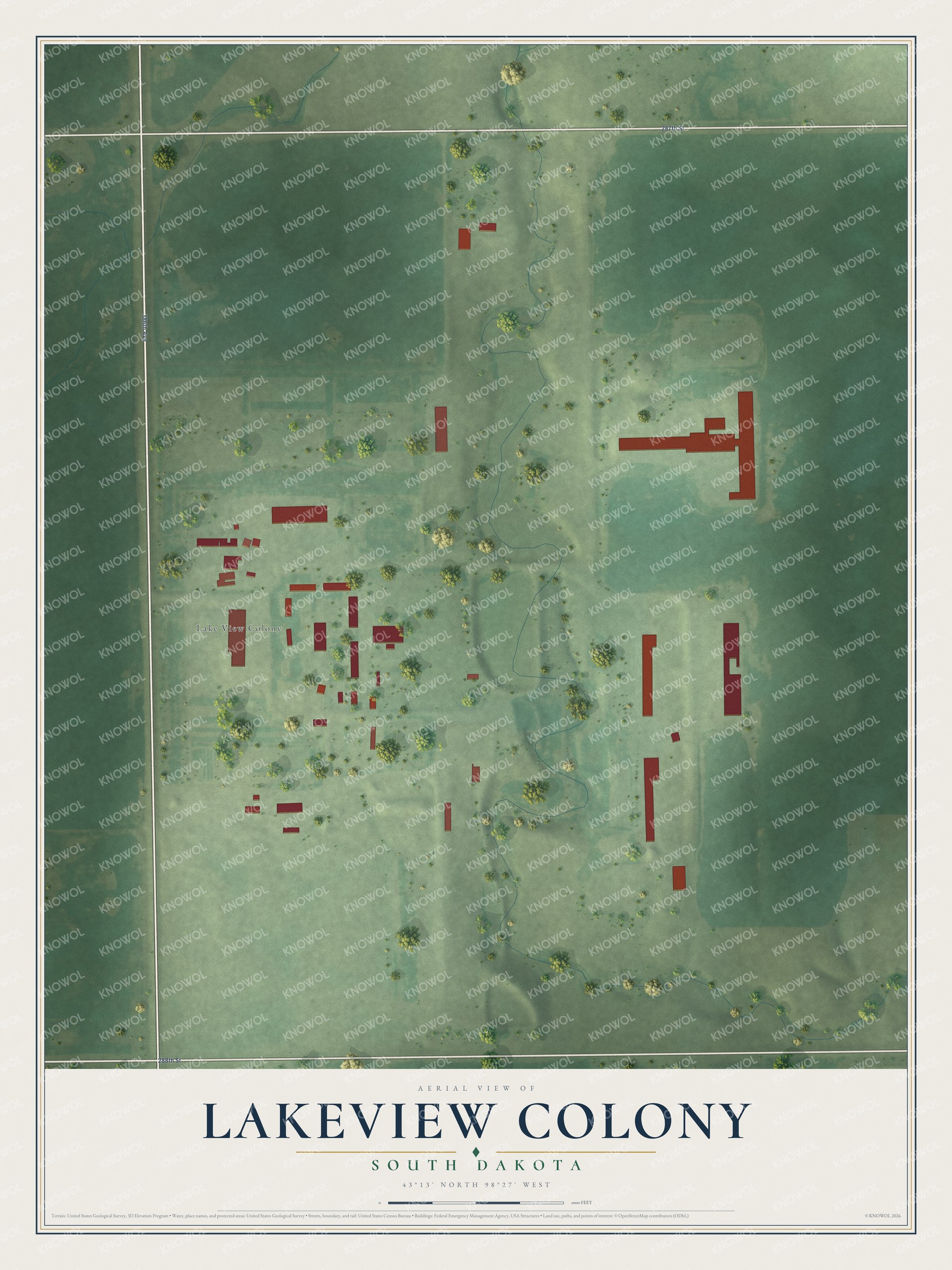 Full map of Lakeview Colony, South Dakota, with red buildings, printed street names and the land around them