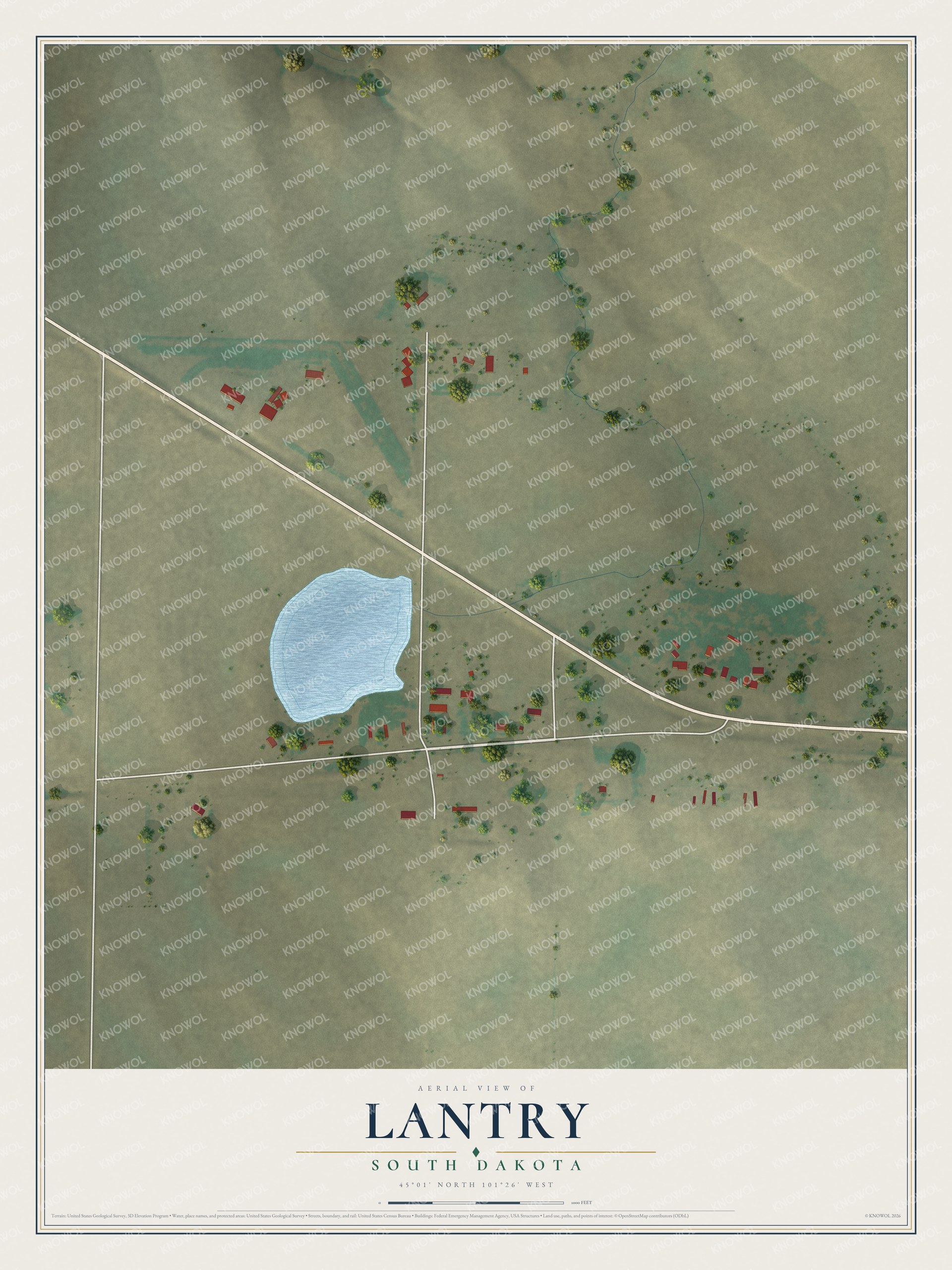 Full map of Lantry, South Dakota, with red buildings, printed street names and the land around them