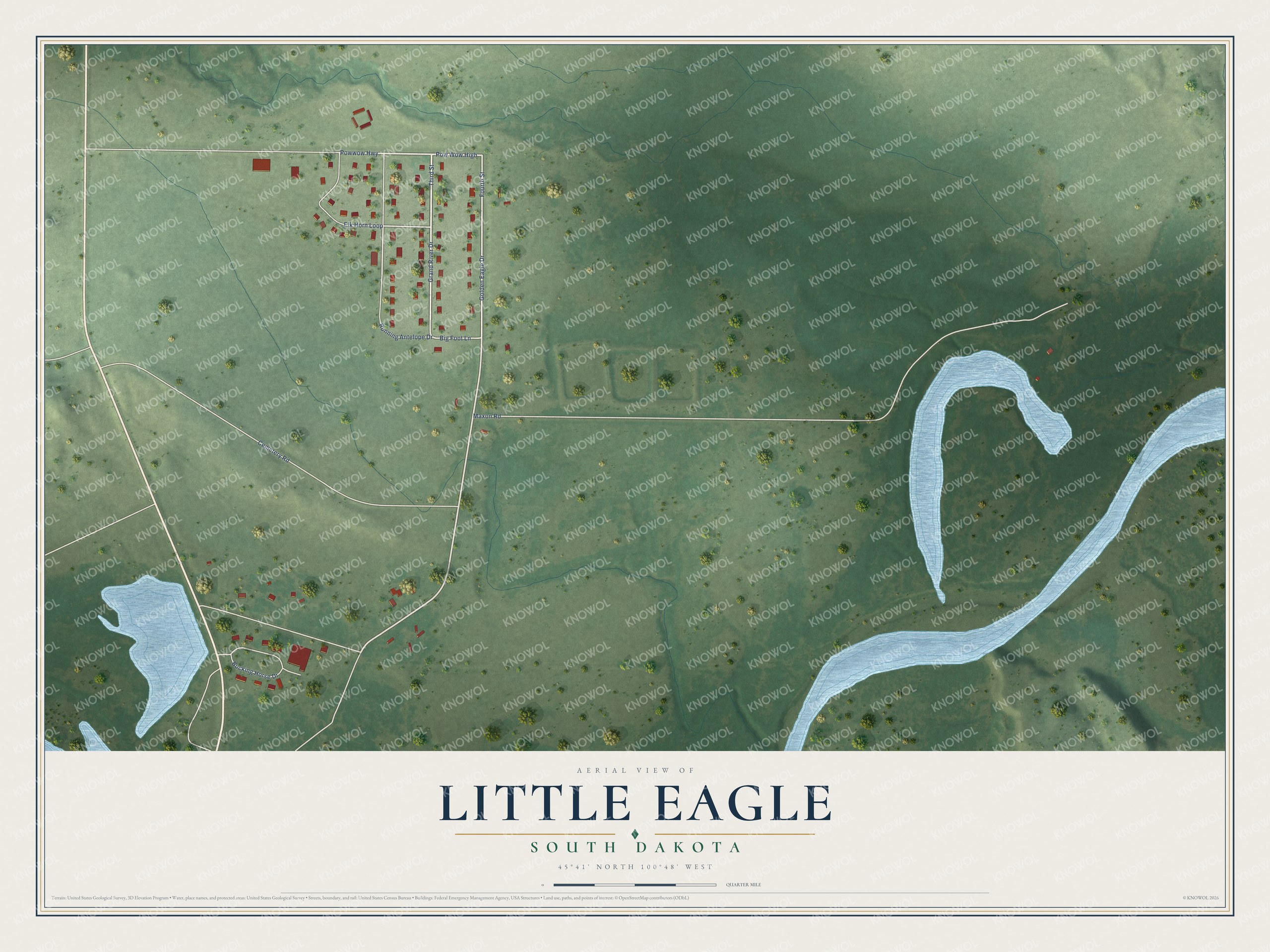 Full map of Little Eagle, South Dakota, with red buildings, printed street names and the land around them