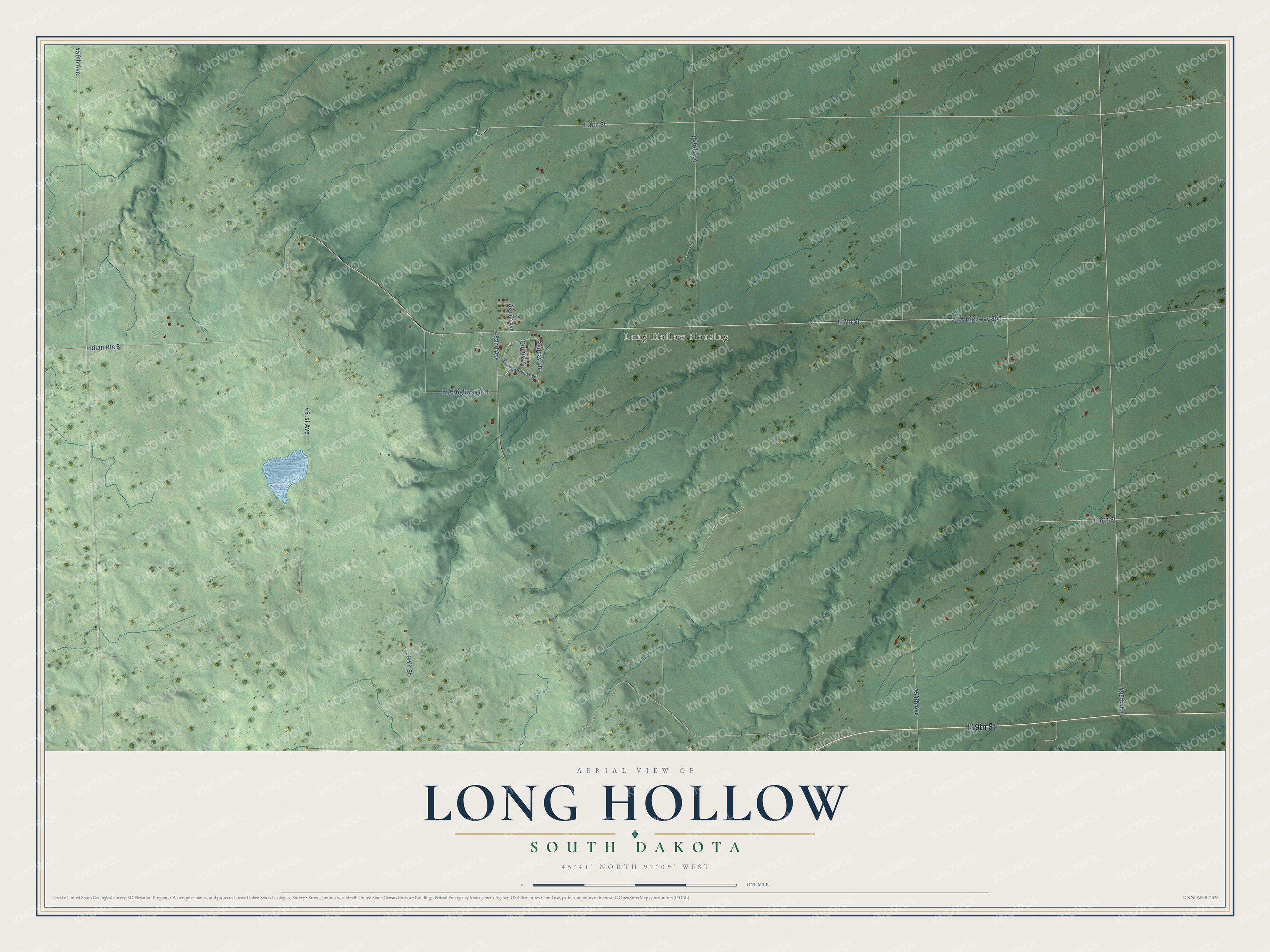 Full map of Long Hollow, South Dakota, with red buildings, printed street names and the land around them