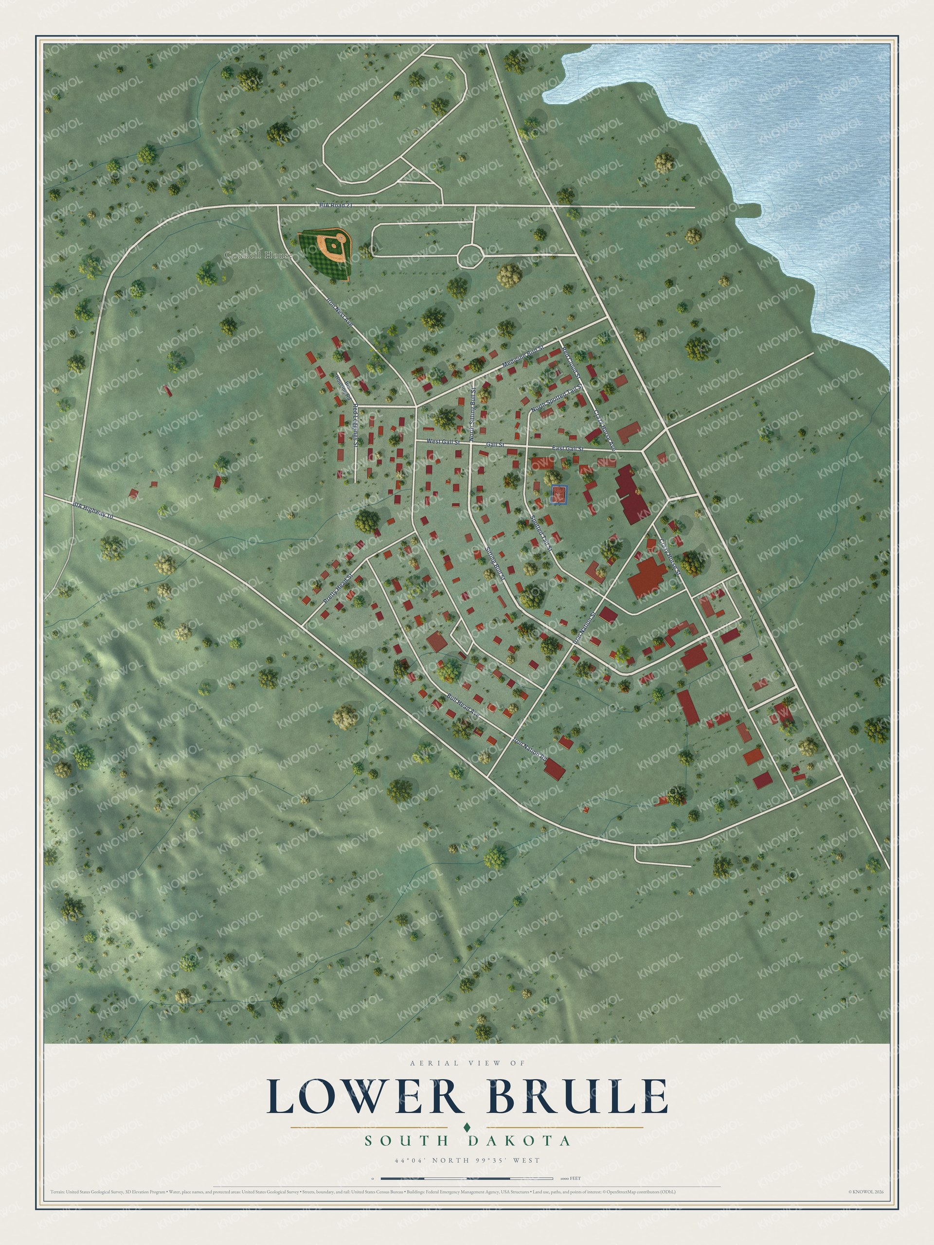 Full map of Lower Brule, South Dakota, with red buildings, printed street names and the land around them