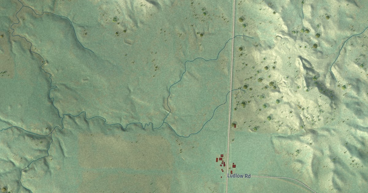 Close-up of streets and buildings in Ludlow, South Dakota