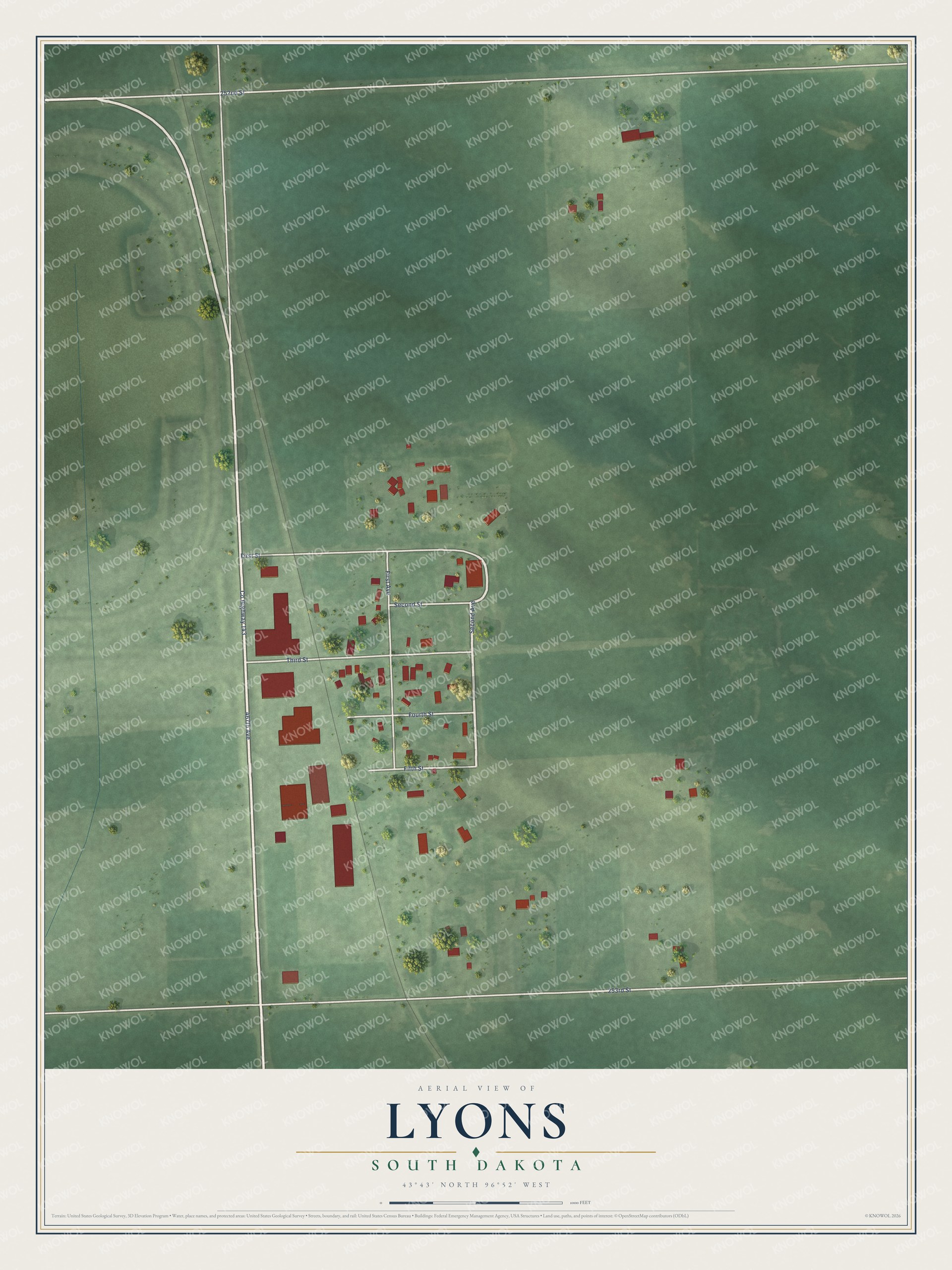 Full map of Lyons, South Dakota, with red buildings, printed street names and the land around them