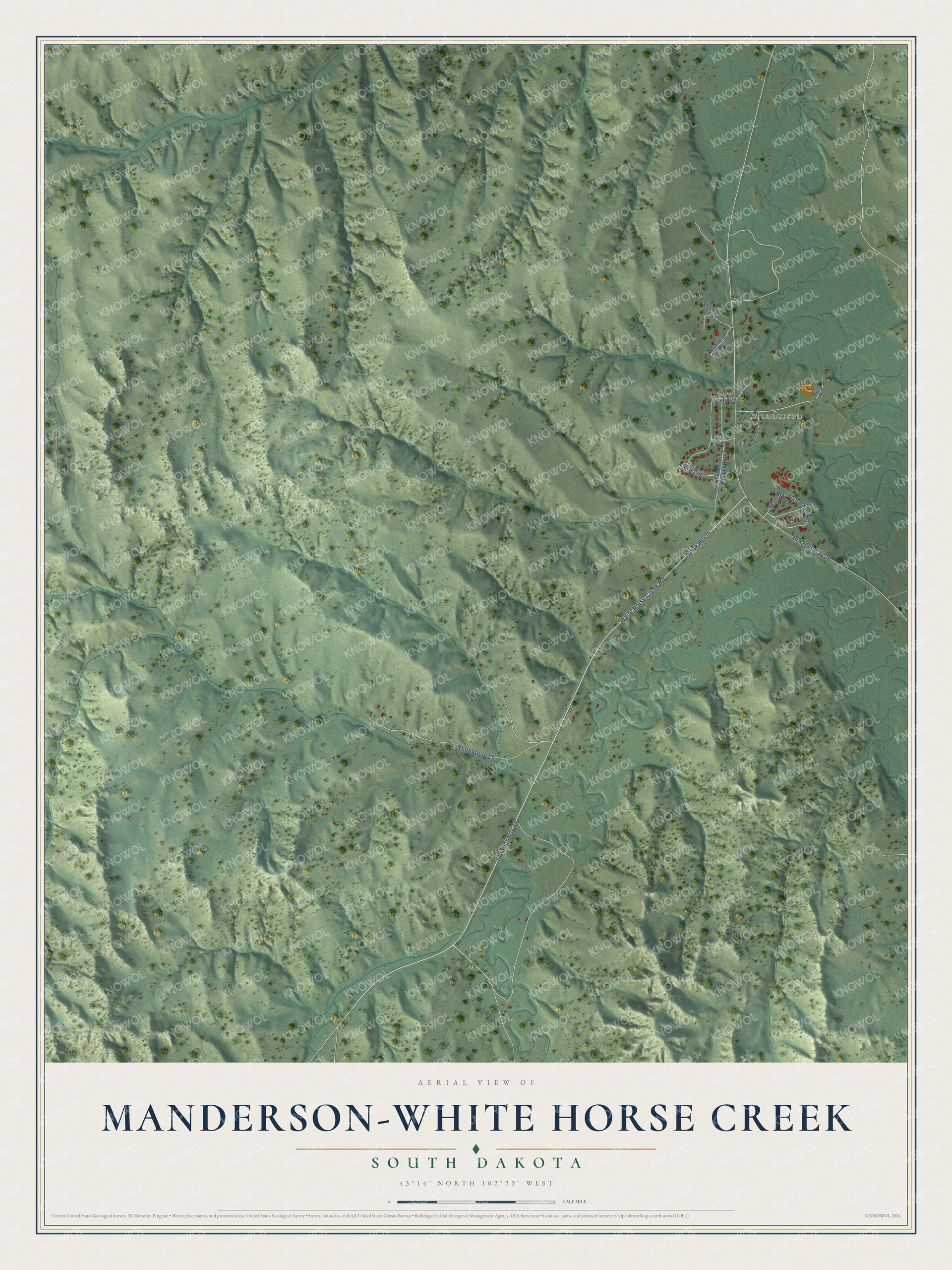 Full map of Manderson-White Horse Creek, South Dakota, with red buildings, printed street names and the land around them