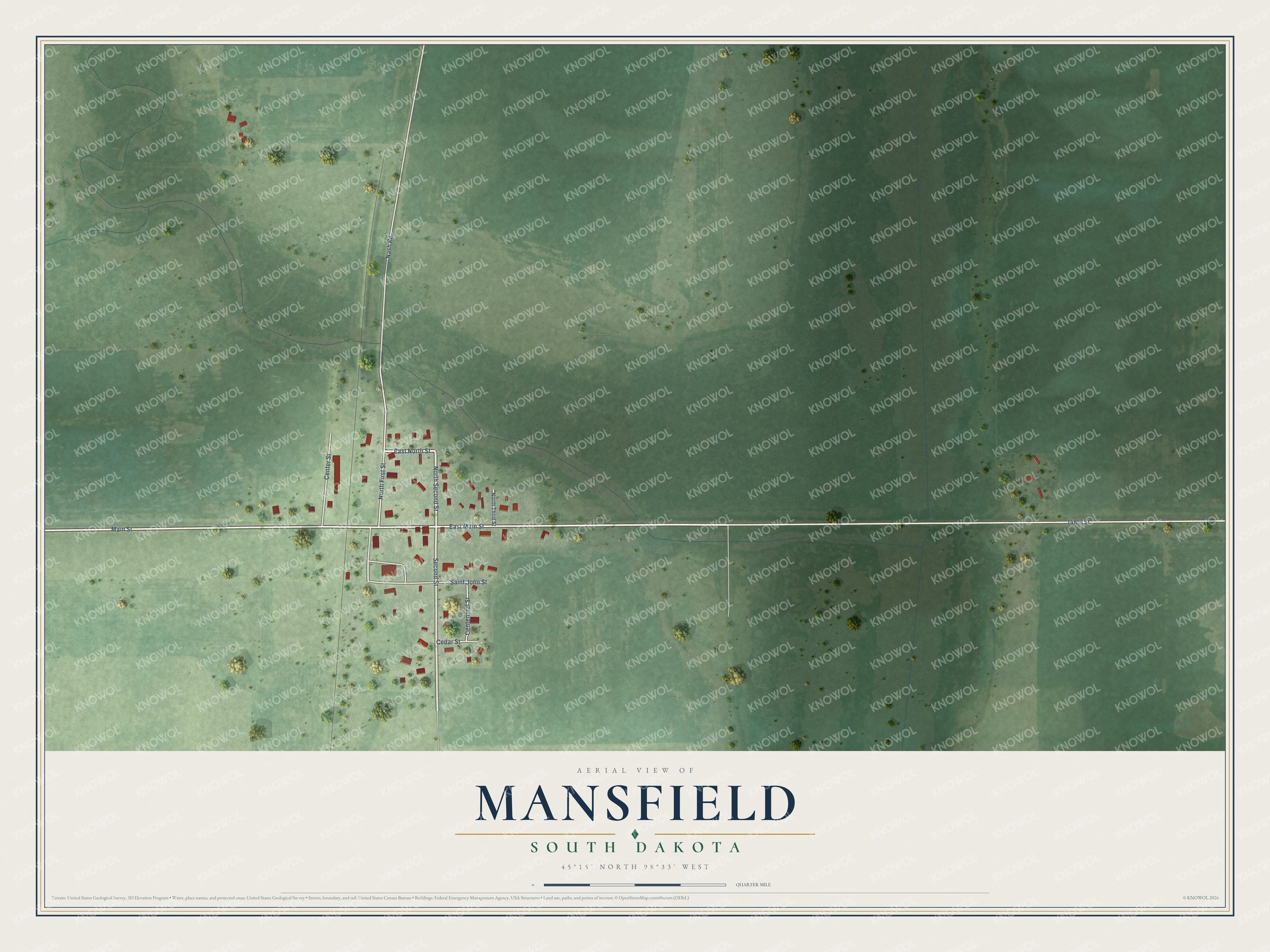 Full map of Mansfield, South Dakota, with red buildings, printed street names and the land around them