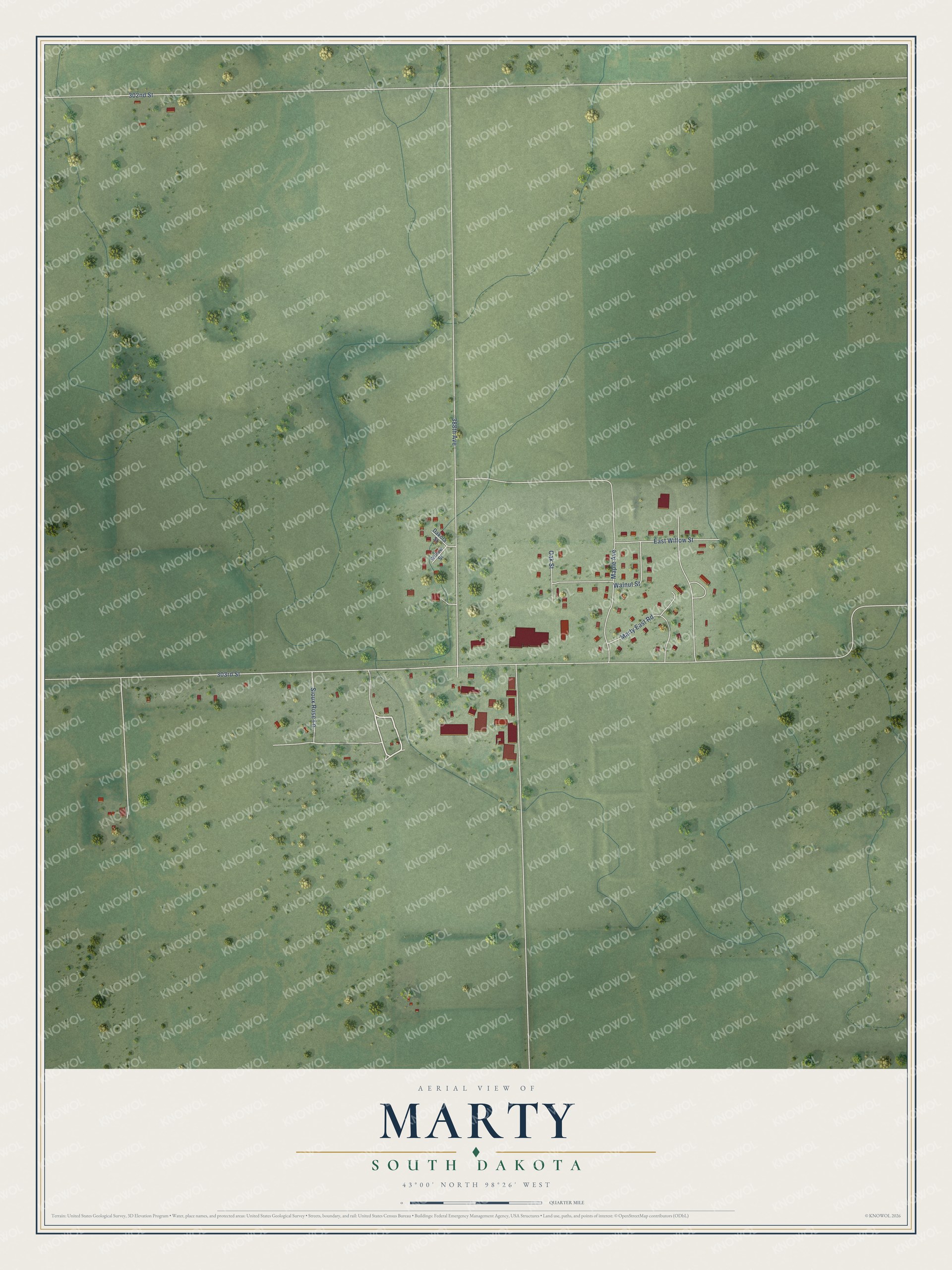Full map of Marty, South Dakota, with red buildings, printed street names and the land around them