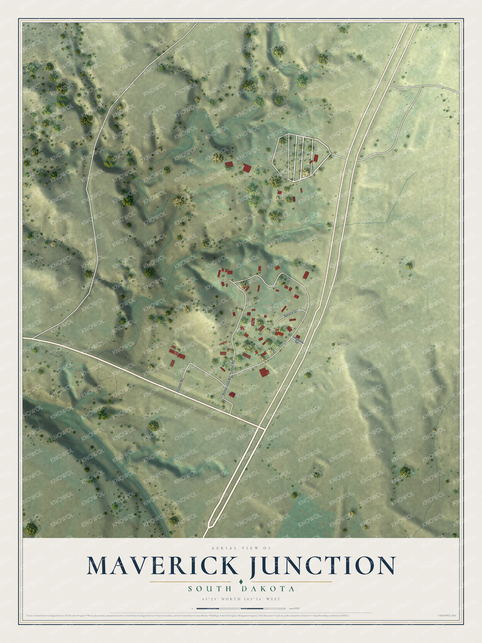 Full map of Maverick Junction, South Dakota, with red buildings, printed street names and the land around them